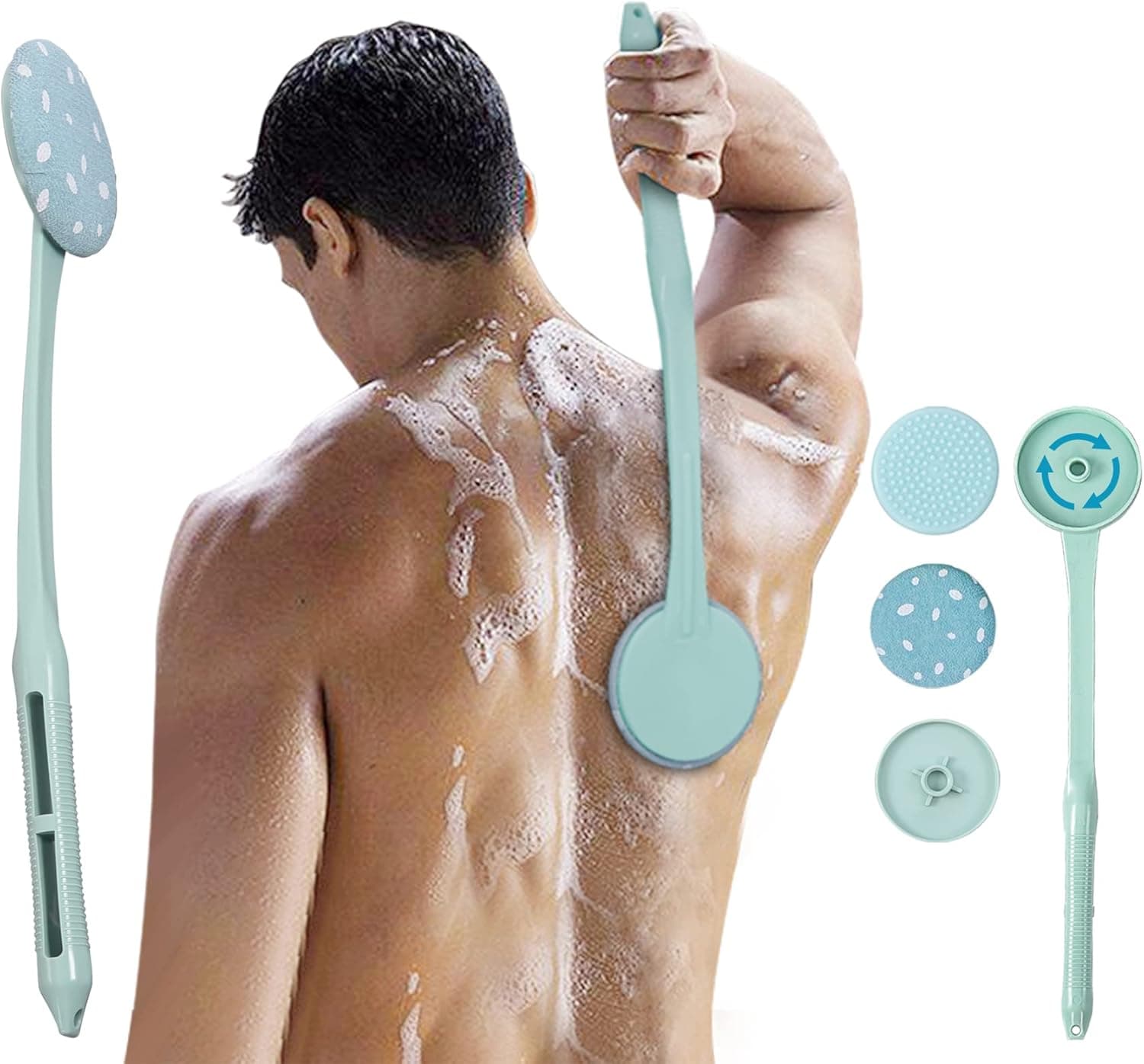Bath Brush Long Handle for Shower, 17 inch Bath Brush with Exfoliating Cloth, Bathroom Multi-Functional Long Handle Back Brush Body Exfoliating Brush for Men and Women（Green）