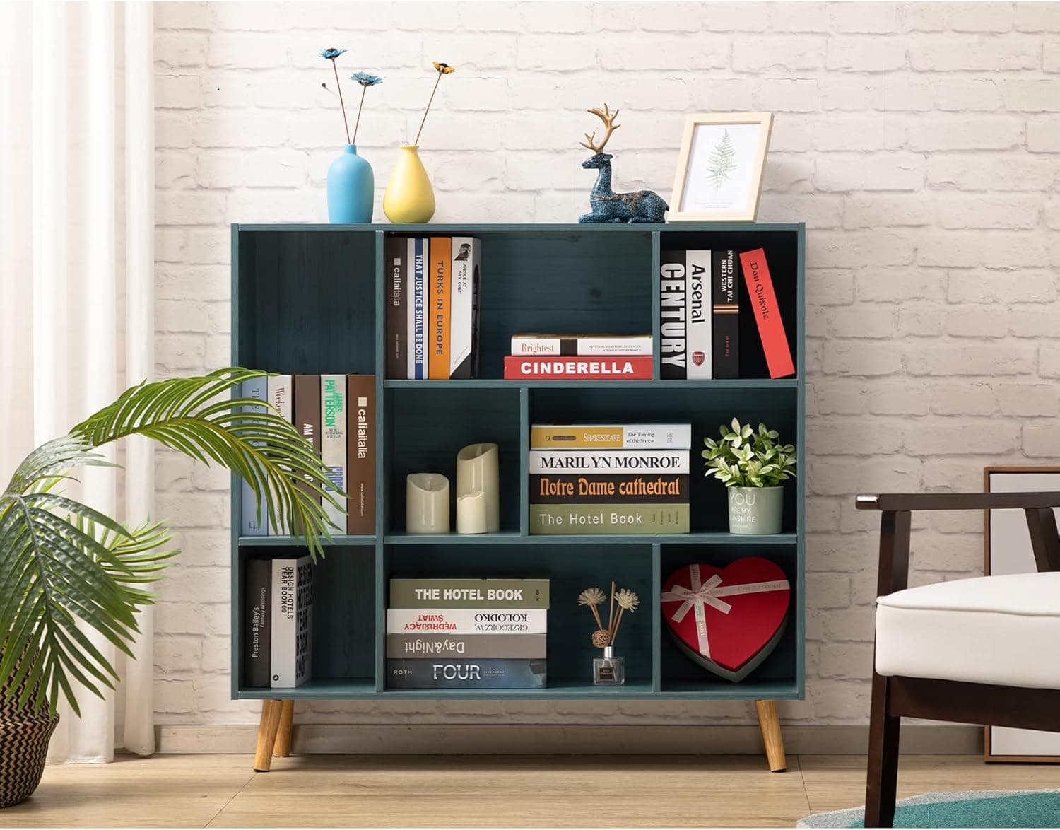 MATICO Blue Wooden Open Shelf Morden Bookcase, 8 Cube Floor Standing Display Cabinet Rack with Legs, Free Standing Display Bookshelves for Storage