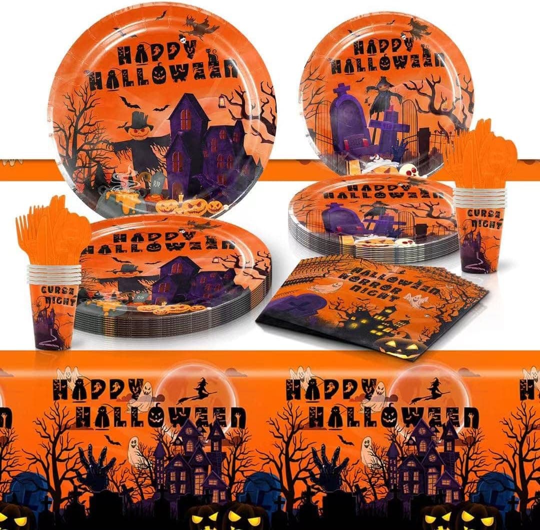 169PCS Halloween Party Supplies for 24 Guest with Plates and Napkins, Halloween Tablecloths, Cups,Tableware Decoration Set for Kids Home & School (Orange)