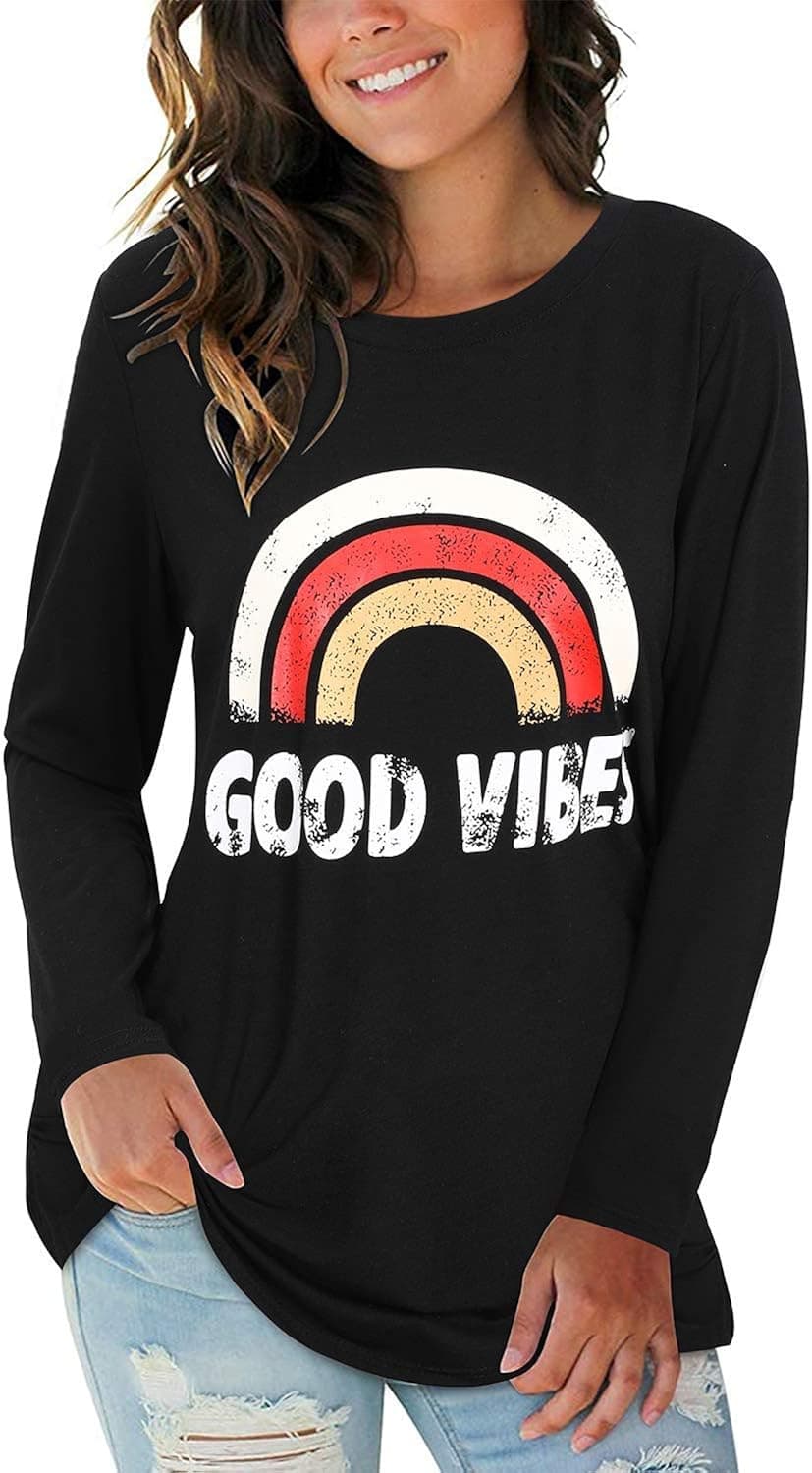 LAISHEN Womens Graphic Tees Good Vibes Long Sleeve Shirt Casual Crew Neck Tops Blouses