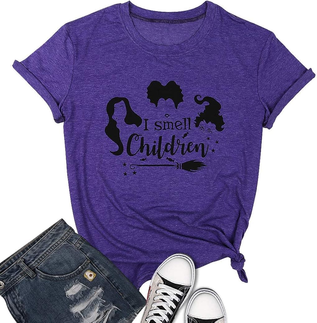 MYHALF I Smell Children Halloween T-Shirt for Women Funny Sanderson Sisters Witch Tops
