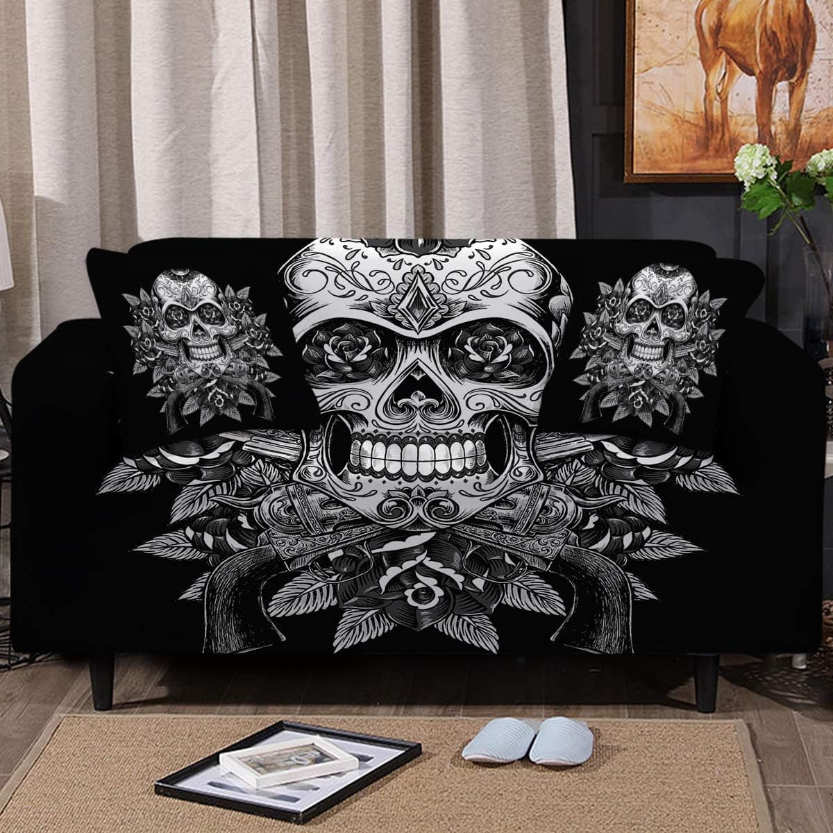 Sleepwish Black Rose Skull Printed Stretch Sofa Slip Covers for Couch, 3 Cushion Couch, Loveseat Or Arm Chair Slipcover Furniture Cover Cushion Sofa Slipcovers 2 Free Couch Pillow Covers (XL Sofa)