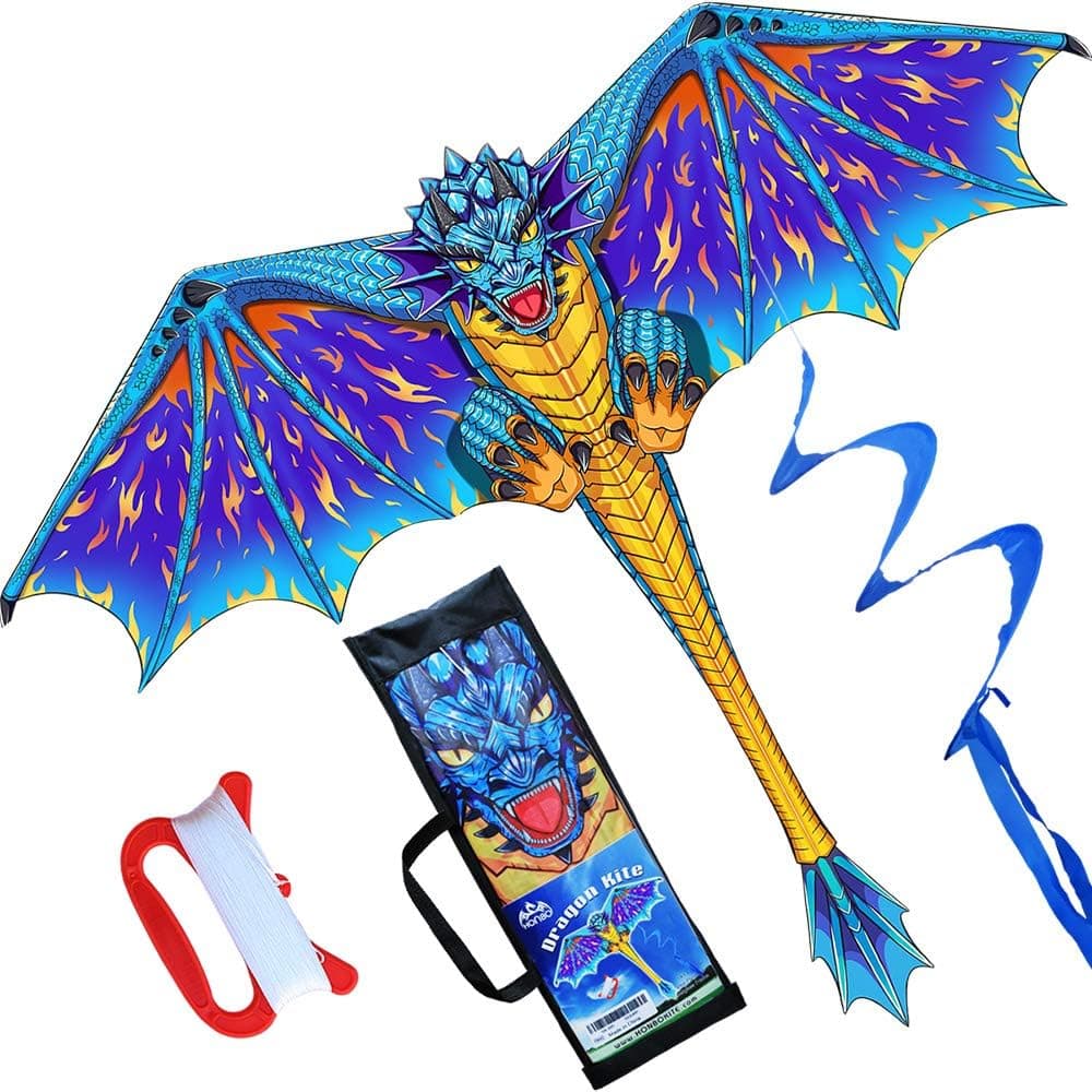 HONBO Dragon Kite for Kids and Adults-Easy to Fly, Beginner Kite-55 x 62inch with Spinning Tail 200ft Kite String