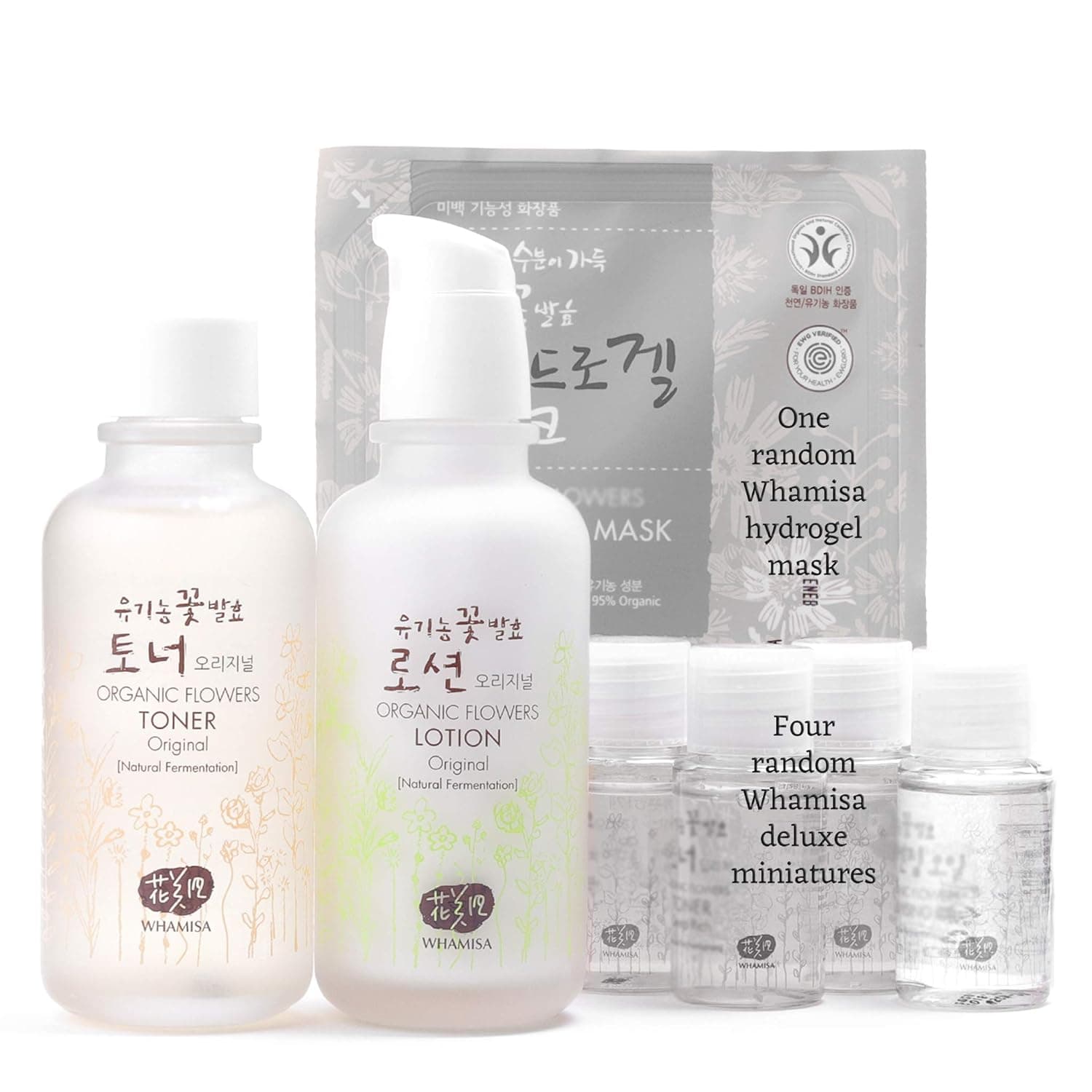 Whamisa Organic Flowers Original Toner, Original Lotion Skin Care Set | Korean Skincare Kit with Organic Facial Mask and 4 Random Best Korean Skincare Miniatures