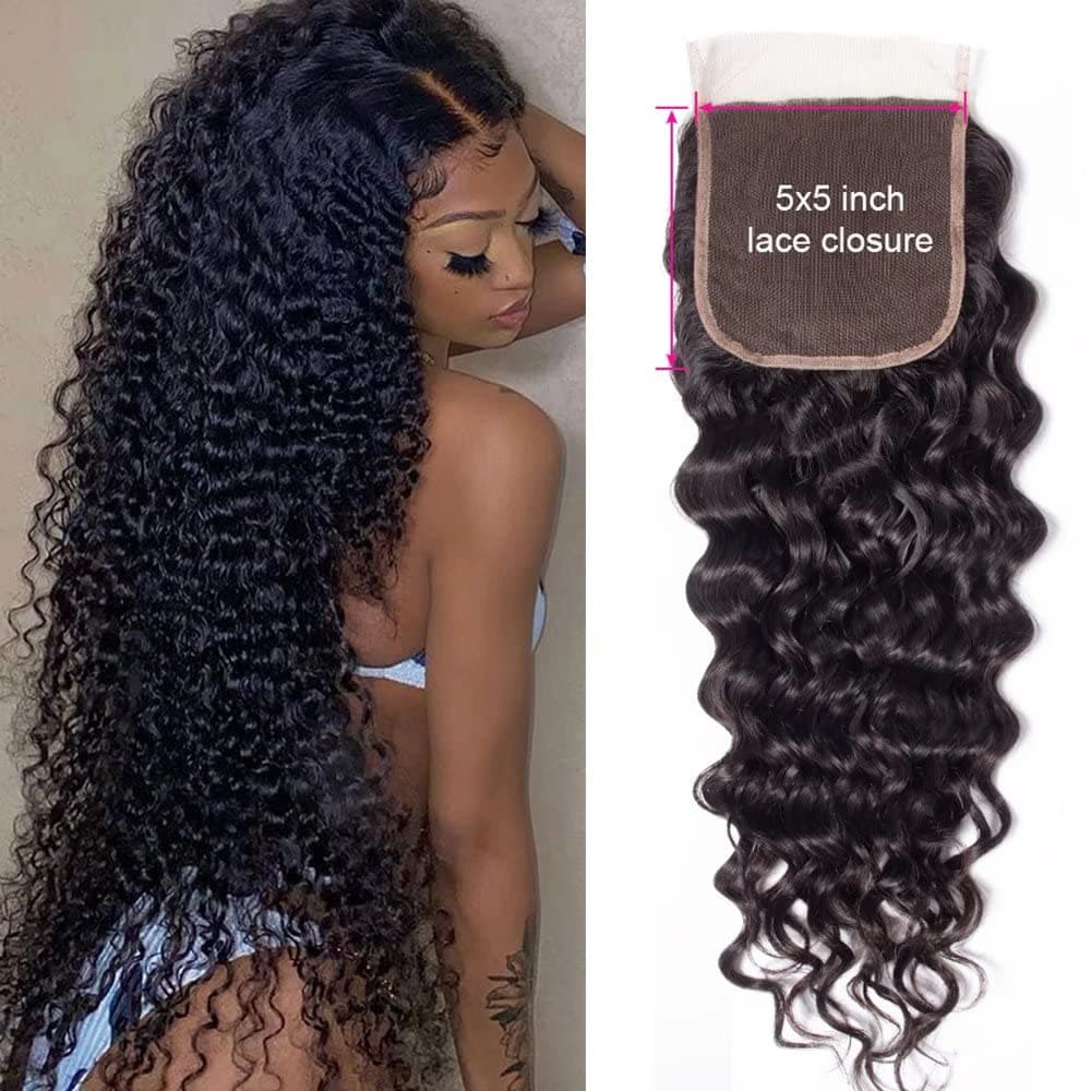 Water Wave Lace Closure 5x5 Transparent Closure Free Part Brazilian Wet and Wavy Human Hair Swiss Lace Closure with Baby Hair Natural Black Color (16inch)