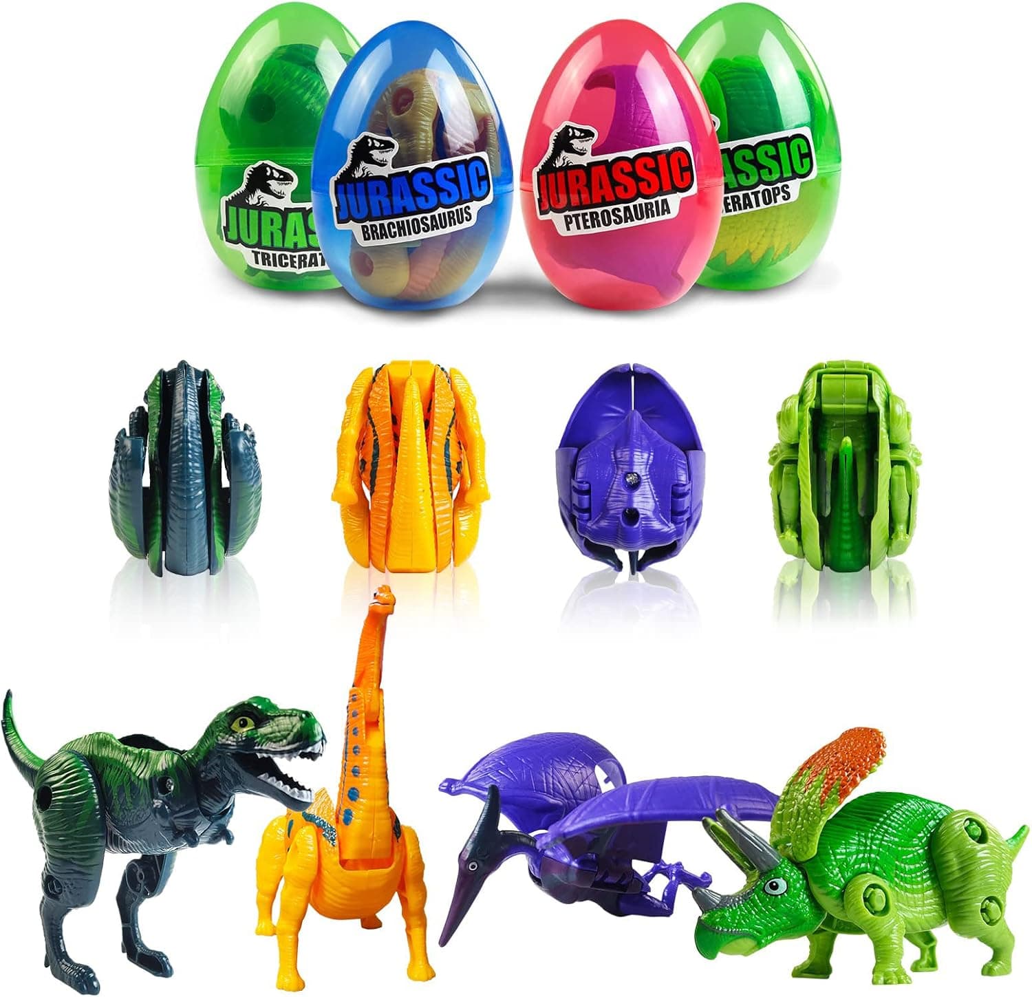 CL FUN 4 Pack Jumbo Eggs Filled Dinosaur Toys, Deformation Easter Eggs with Toys Inside, Dinosaur Toys for Kids Boys Girls Toddlers for Easter Basket Stuffers, Carnivals, Party Gift Exchange