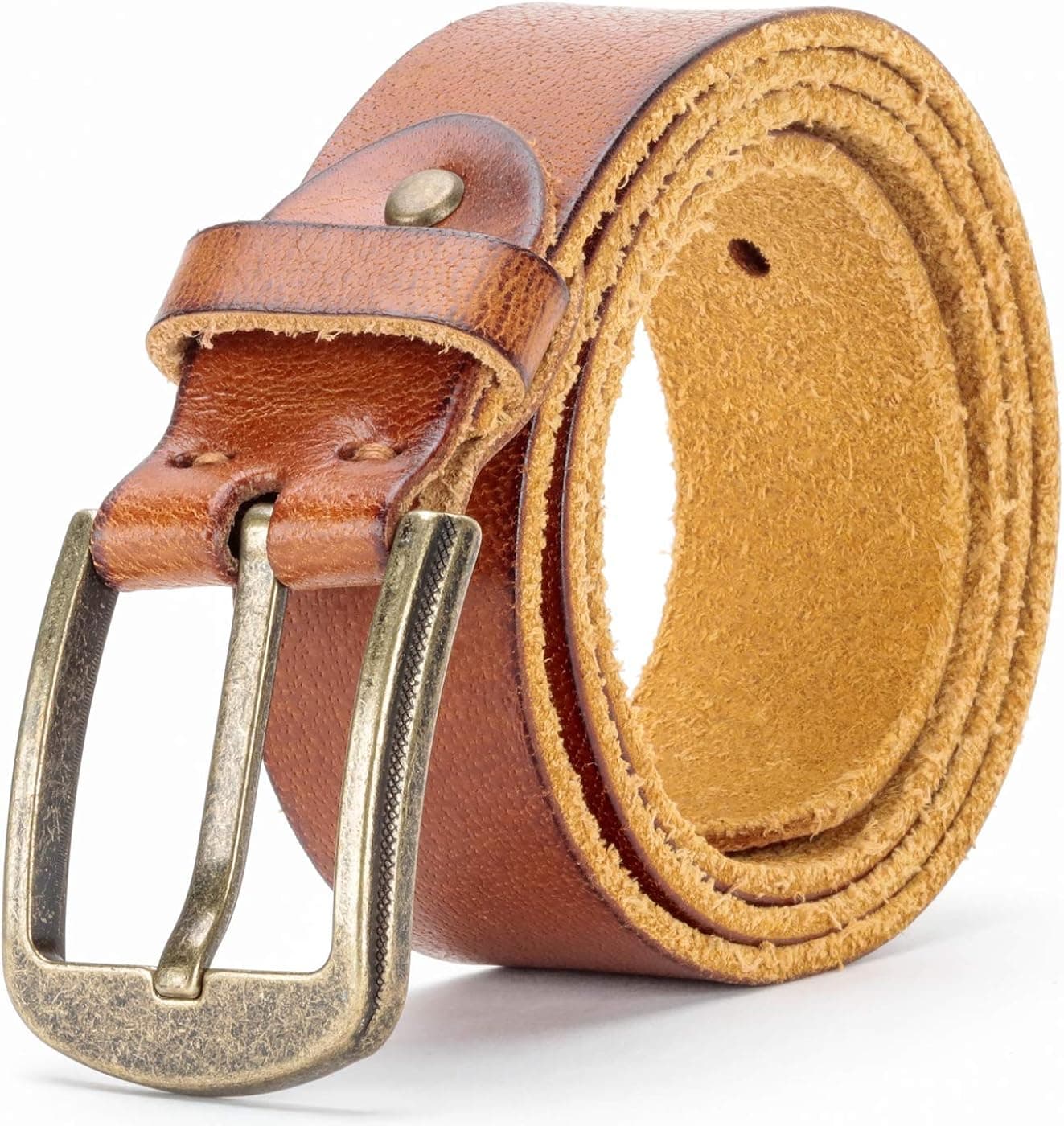 Tan Leather Belt for Men Jeans Belt Vintage Distressed Style with Brass Bronze Single Prong Roller Buckle 34-50 Inch