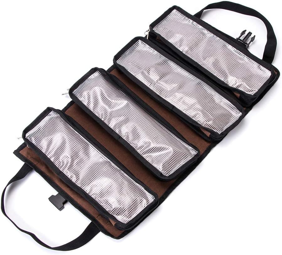Super Tool Roll,Large Wrench Roll, Big Tool Roll Up Bag,Waxed Canvas Tool Organizer Bucket,Tool Roll Up Pouch,Handy Small Tools Tote Carrier,Tool Pouch Sling,Car Back Seat Organizer (Brown)