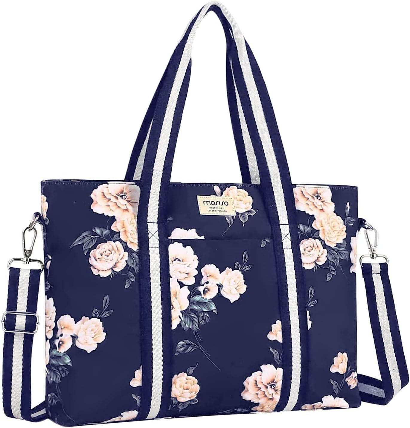 MOSISO Laptop Tote Bag for Women (17-17.3 inch), Canvas Camellia Multifunctional Work Travel Shopping Duffel Carrying Shoulder Handbag Compatible with MacBook, Notebook and Chromebook, Blue