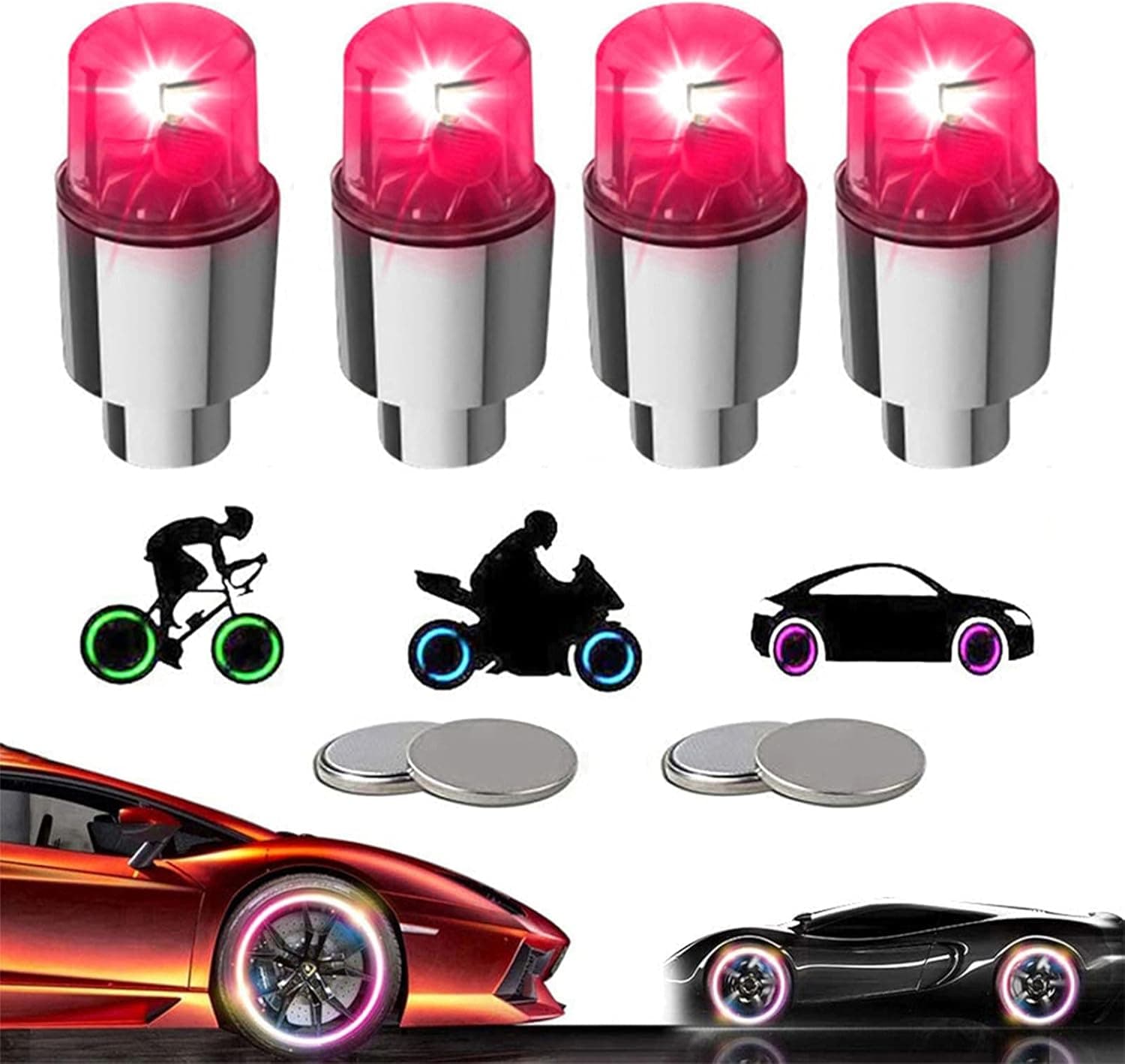 YUERWOVER LED Tire Lights for Car 4 Pack Trucks Valve Stem Caps Bike Golf Cart Firefly Wheel Lights Bicycle Motorcycle Tyre Spoke Lights Waterproof for Kids Boys with 10 Extra Batteries(Red)