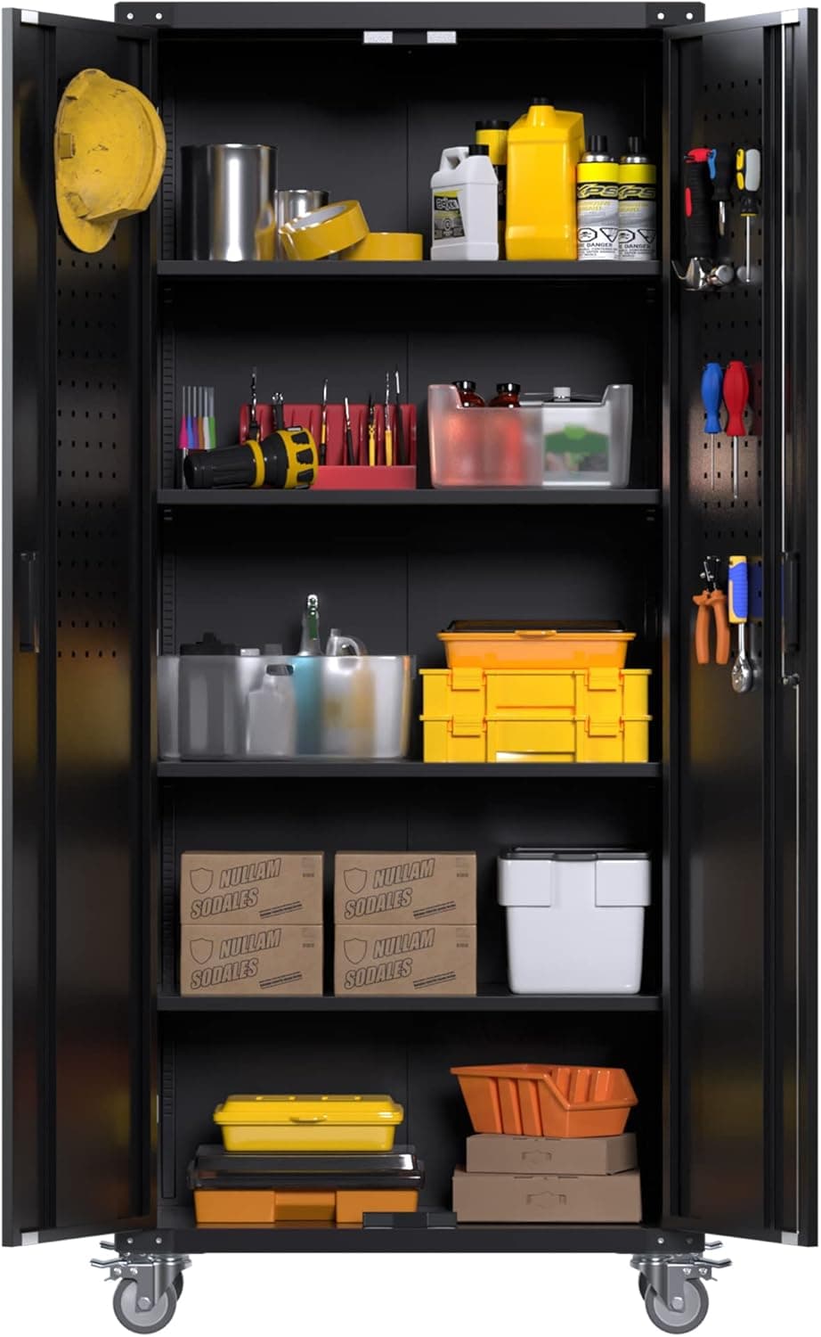 Aobabo 72 Inches Garage Storage Cabinet with Wheels, Locking Metal Storage Cabinet with Pegboards on The Doors, Rolling Tool Storage Cabinet on Wheels, Assembly Required, Black