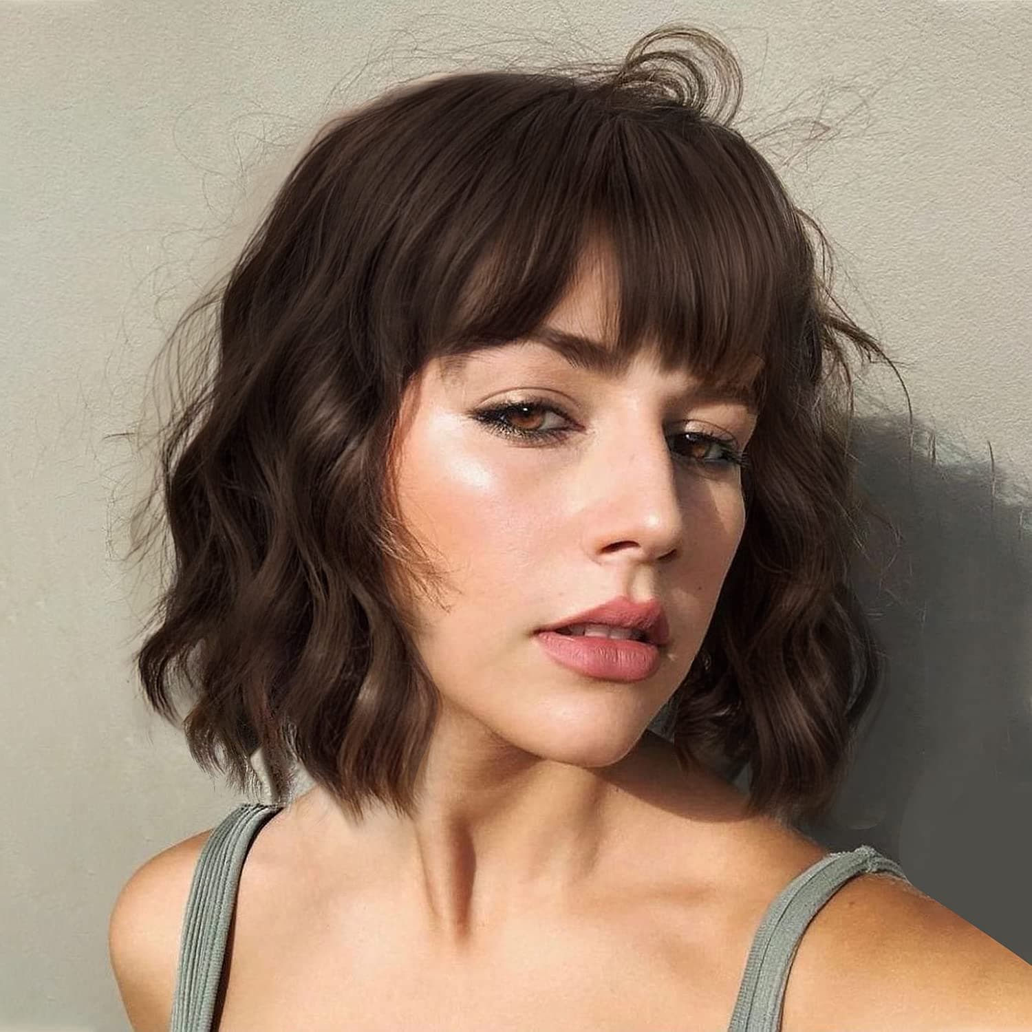 ENTRANCED STYLES Short Wavy Bob Wig with Bangs Curly Wigs for Black Women Heat Resistant Synthetic Wig Natural Brown Wigs