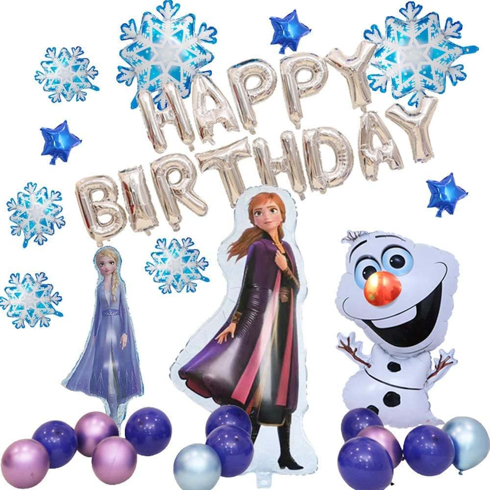 Frozen Birthday Party Supplies, Frozen Birthday Decorations,Frozen Birthday Balloons Include 15" Elsa ,32 "Anna and 30" Olaf Foil Balloon, Snowflake Balloon Decorations, Include Happy Birthday Banner