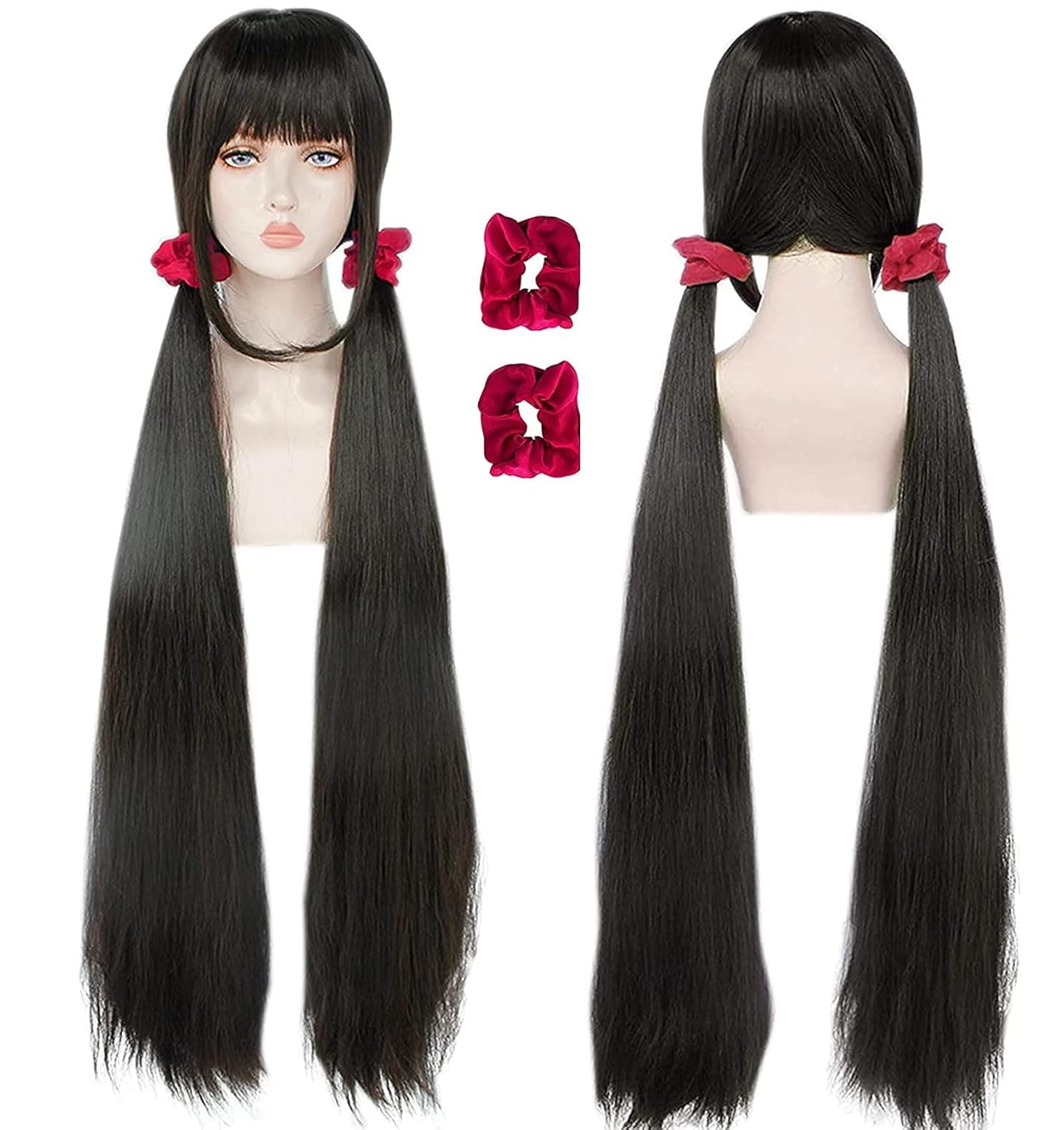 JoneTing 47 inch Black Wig【+Wig Cap】+{2 Red Hairbands} Cosplay Costume Synthetic Long Straight Wigs Hair for Women Ponytail with Bangs Wig for Halloween Black Pigtail Wig for Christmas Party Wig for Girl Costume Peluca Negra