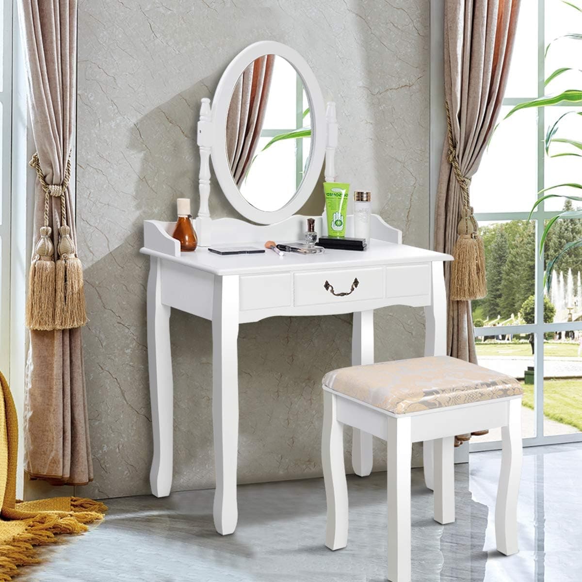 Giantex White Vanity Table Set Makeup Table with Padded Stool for Girls Women Gift Wood Dressing Tables Room Vanities with Mirror and Drawer