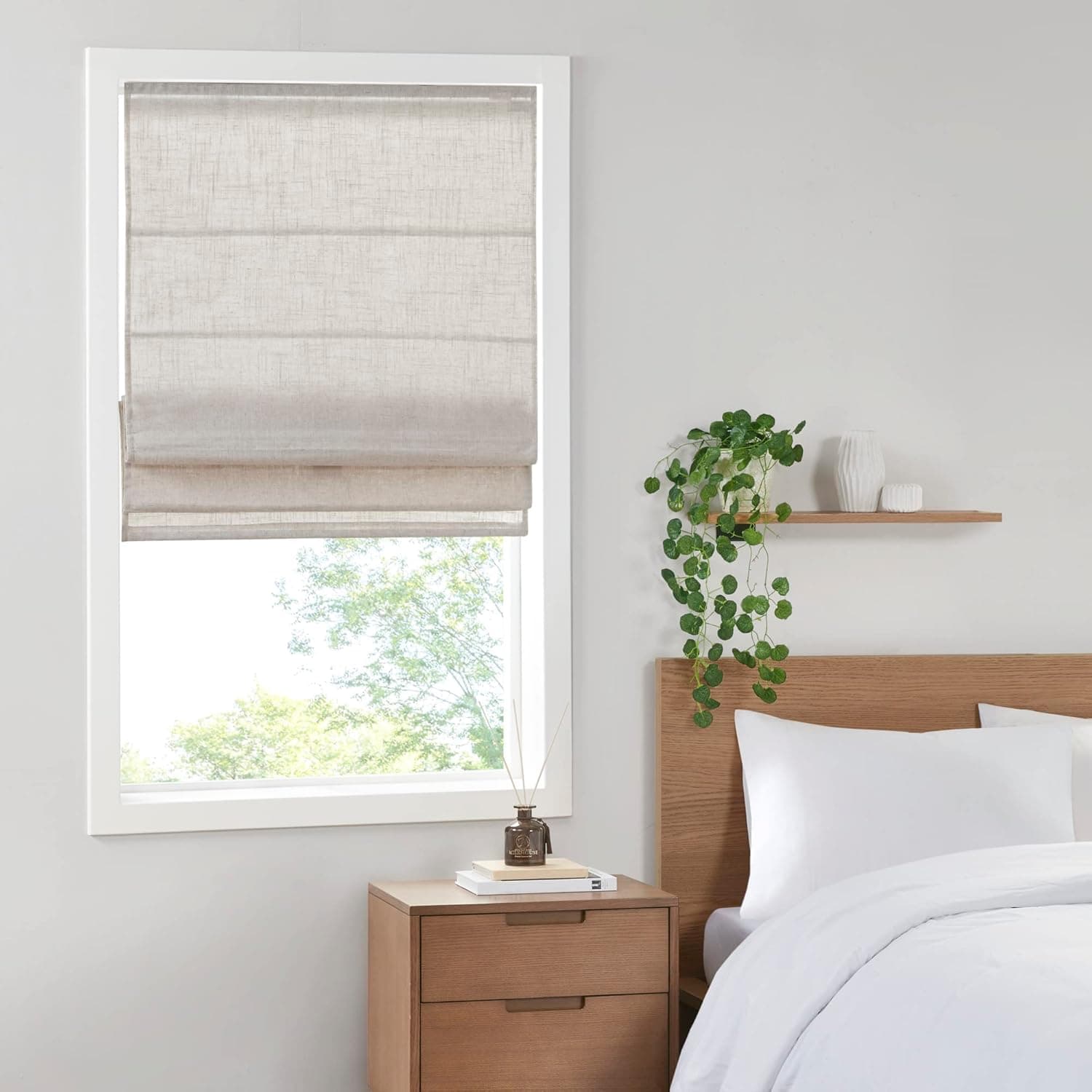 Madison Park Kyler Cordless Roman Shades - Single Panel, Lightweight Linen Blend Fabric, Natural Design, Easy Installation, Light Filtering Window Blind, Bedroom, Living Room Decor 27" x 64" Natural