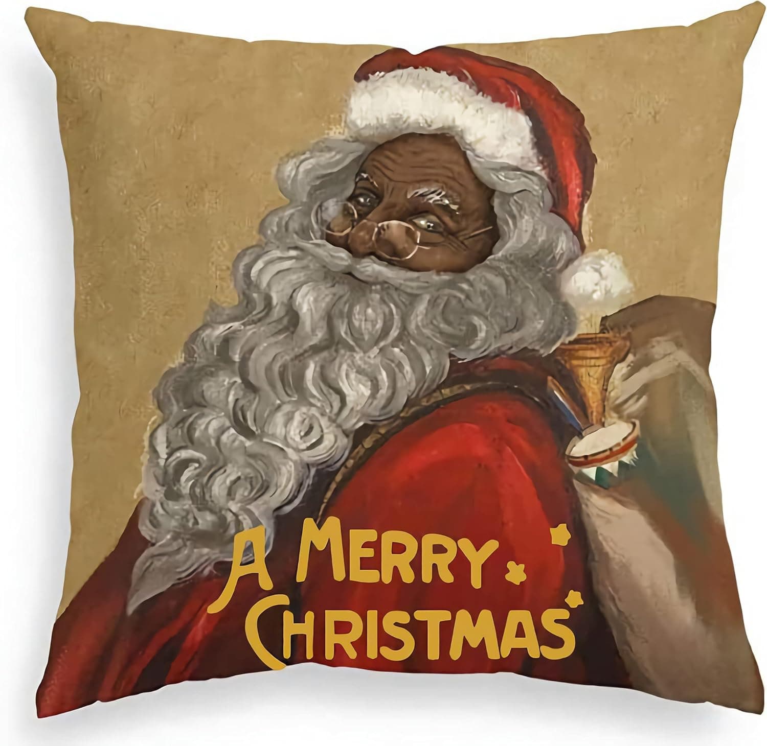 FJPT Throw Pillow Cover African American Black Santa Christmas Linen Pillowslip Winter Holiday Cushion Case Decoration for Sofa Bed Pillowcase 26x26 inch