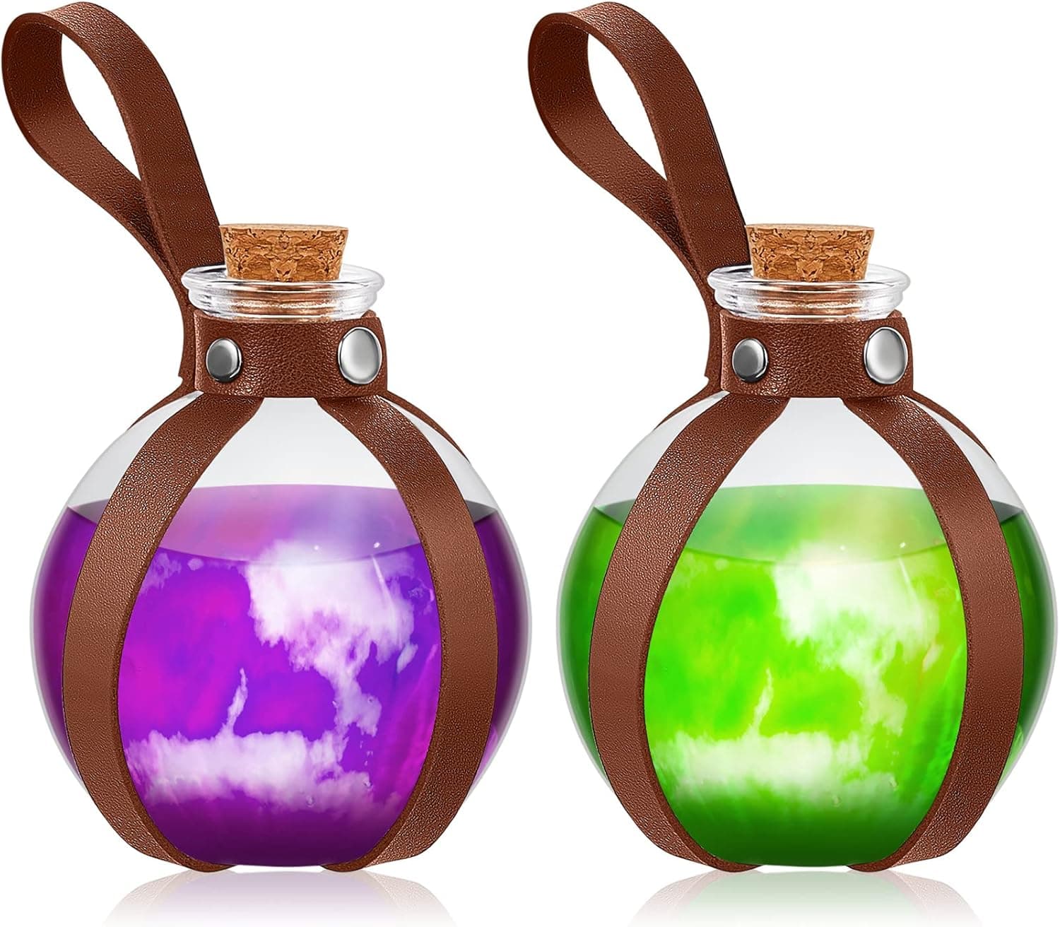 2 Pcs Cork Potion Bottle Cosplay Accessories With Faux Leather Belt Decorative Potion Bottles Witch Props Witch Costume for Adult Man Round Spherical Potion Bottle for Party DIY Crafts(Brown)