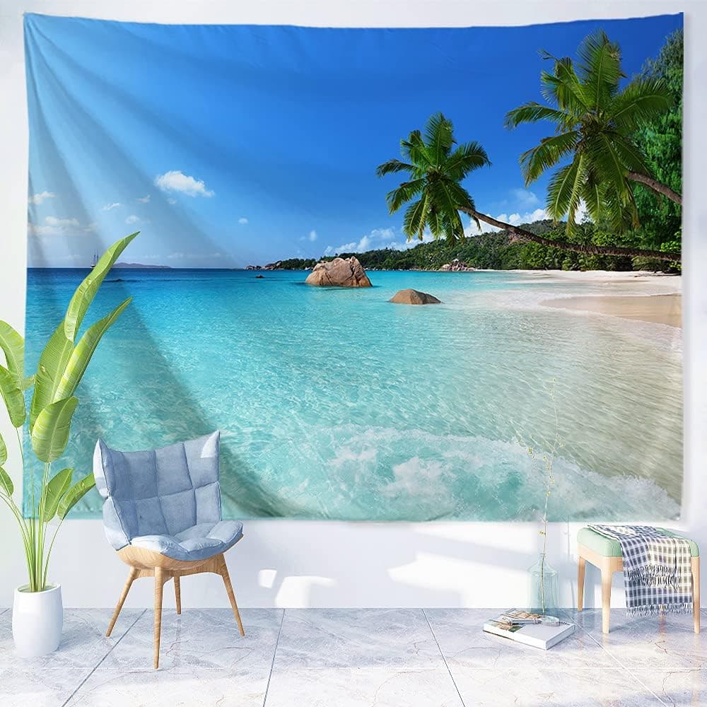 MENORCA Ocean Beach Tapestry Wall Hanging Nature Tapestry for Bedroom Aesthetic Blue Sky Palm Tree Island Sea Wave Landscape Scenery Large Tapestries (90 Inch Wide * 71 Inch High)