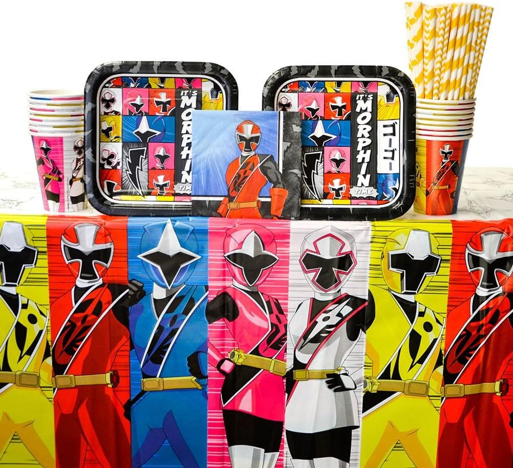 Power Rangers Ninja Steel Party Supplies Pack for 16 Guests - Straws, Dessert Plates, Beverage Napkins, Cups, and Table Cover