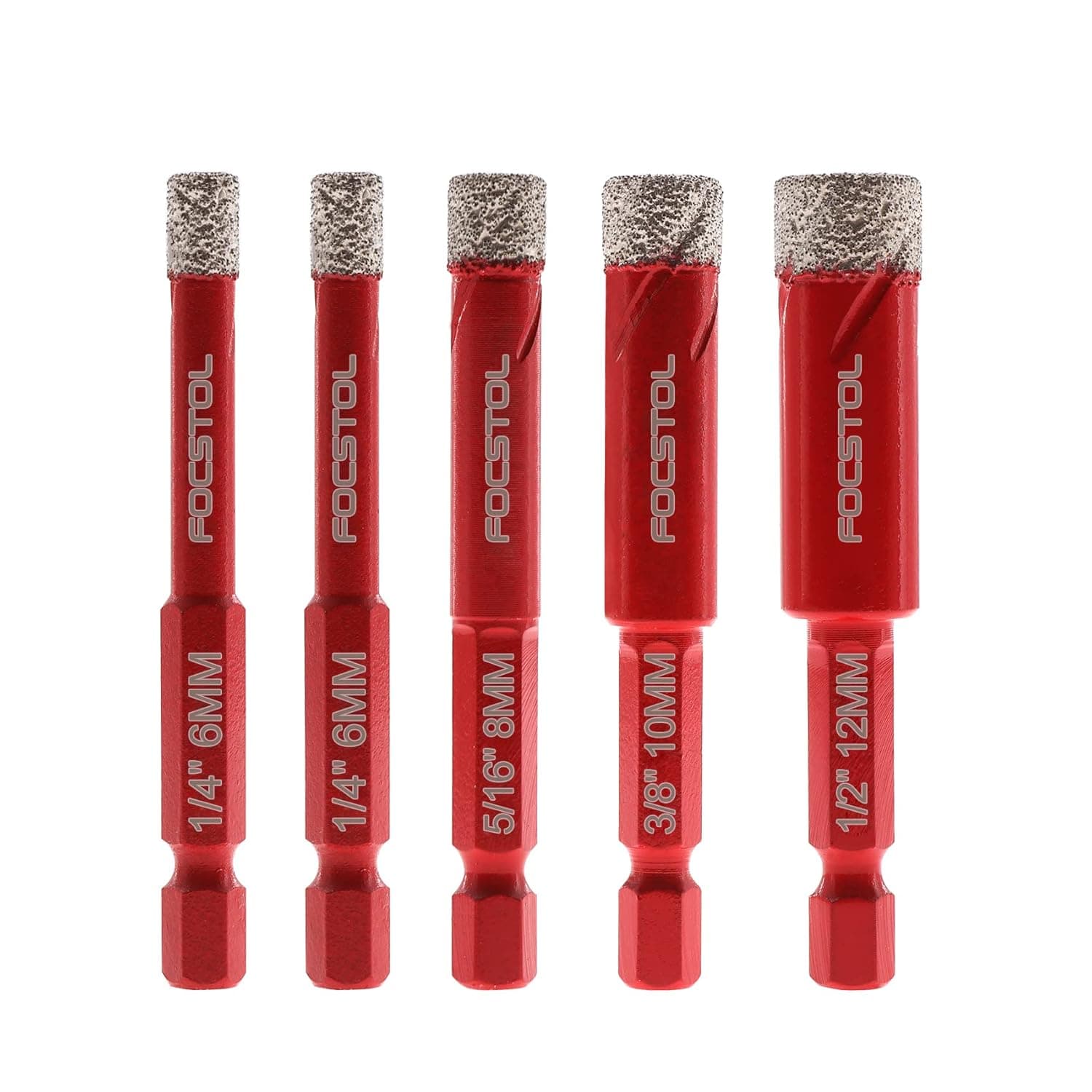 Dry Diamond Drill Bits Set - FOCSTOL 5pcs 6/6/8/10/12mm Diamond Hole Saw Kit with Quick Change Hex Shank for Ceramic Porcelain Tile Marble Granite Quartz