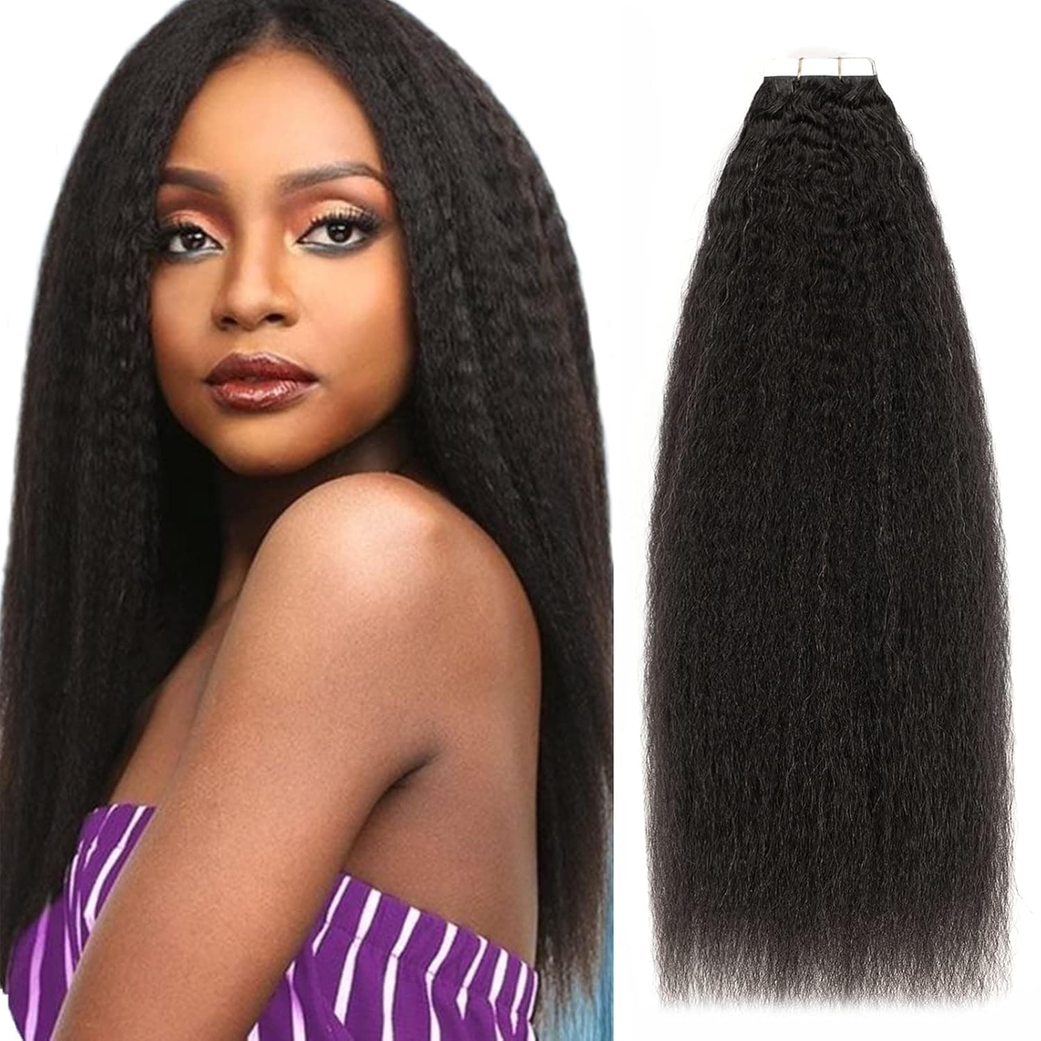 Caliee Kinky Straight Tape in Human Hair Extensions Invisible Tape in Hair Extensions Human Hair 18 Inch Natural Black Color 1B for Black Women, Kinky Straight Tape in Extensions Real Remy Human Hair Extensions Tape in Seamless Double Sided PU Skin Weft Hair Extensions 50g 20pcs