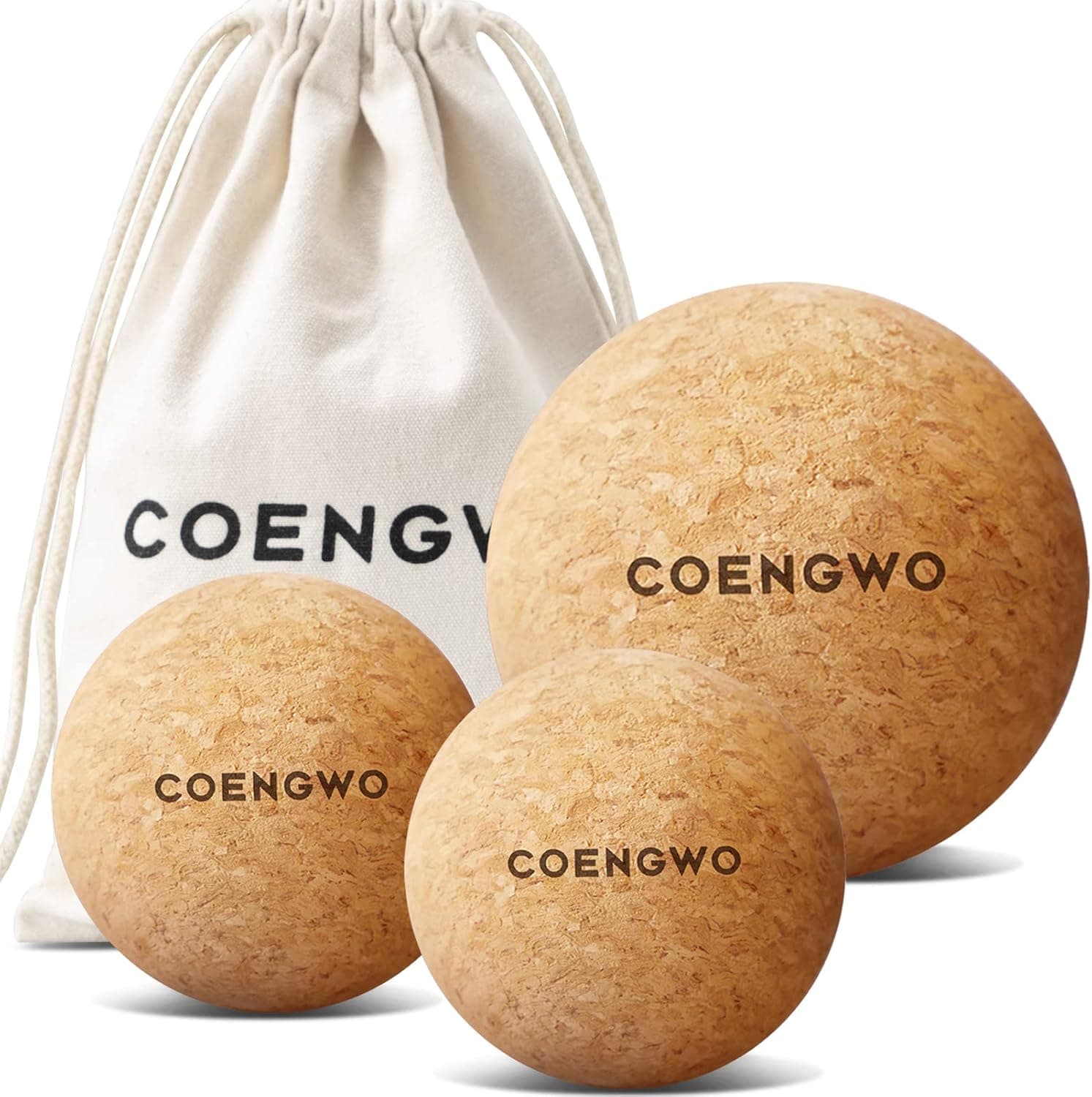 COENGWO Cork Massage Ball - Yoga Therapy Ball for Myofascial Release, Trigger Point Therapy, Muscle Knots, Deep Tissue Relief with Carry Bag (3''+ 2.4''+ 2.4''Ball)