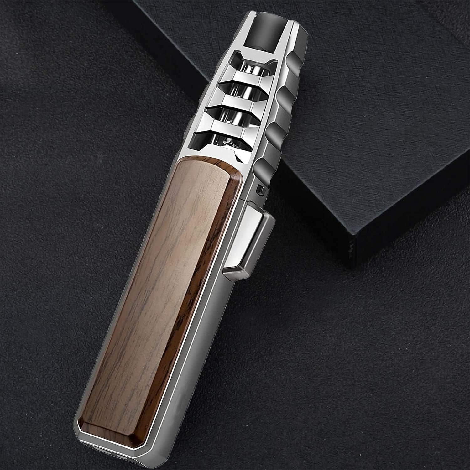 Torch Lighters, Refillable Kitchen Butane Torch With Safety Lock & Adjustable Flame for Cooking Food, Camping, BBQ (Butane Gas Not Included) - (Walnut - Silver)