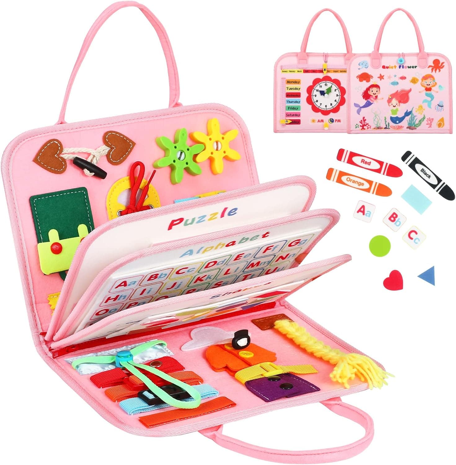 8 in 1 Toddler Busy Board for 1 Years Old, 89Pcs Montessori Sensory Board for 2 3 4 Toddler Educational Activity for Basic Dress Motor Skills, Baby Learning Toys for Travel, Gift for Boys Girls(Pink)