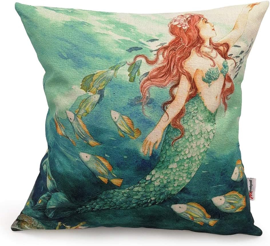 Monkeysell Retro Mermaid Square Linen Pillow Painting Fish Gifts Style Sofa Home Decoration esign Throw Pillow Case Cushion Covers Square 18 Inch (S053A4)