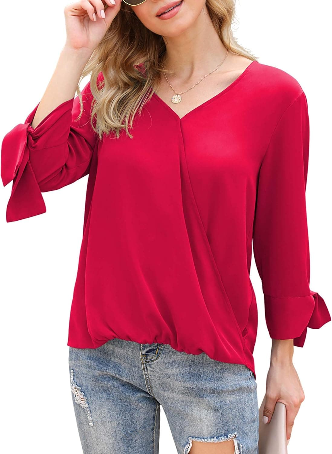 LILBETTER Womens Loose Casual Tie Sleeve V Neck Chiffon Blouses Tops Shirts