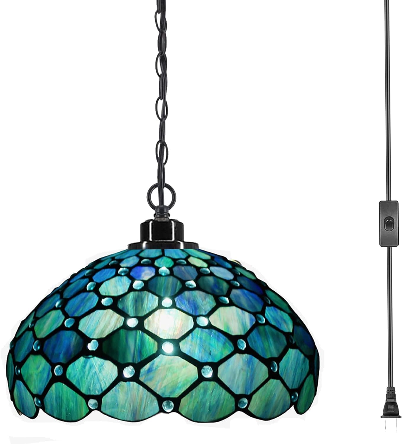 ZJART Tiffany Style Plug in Pendant Light 12 Inch Sea Blue Stained Glass Pearl Hanging Lamp Chandelier Swag 15 Feet Cord Adjustable with Switch, Decor Kitchen Island Living Dining Room Bedroom Hallway