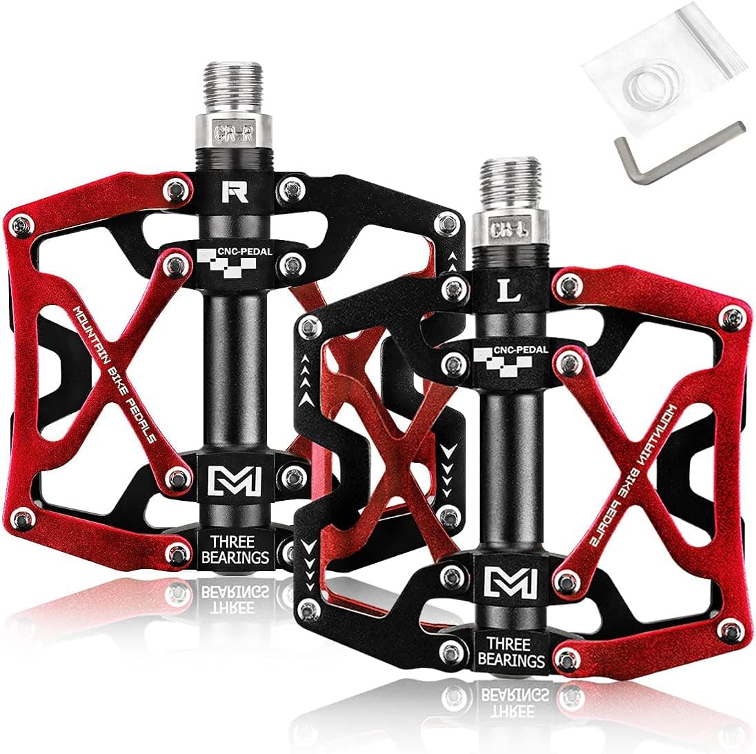 Mountain Bike Pedals Bicycle Pedal, BRGOOD Metal Bike Pedals 3 Sealed Bearings Flat Pedals Aluminum Alloy Cycling Pedal Platform for Mountain BMX MTB 9/16''(with Wrench and Shims)