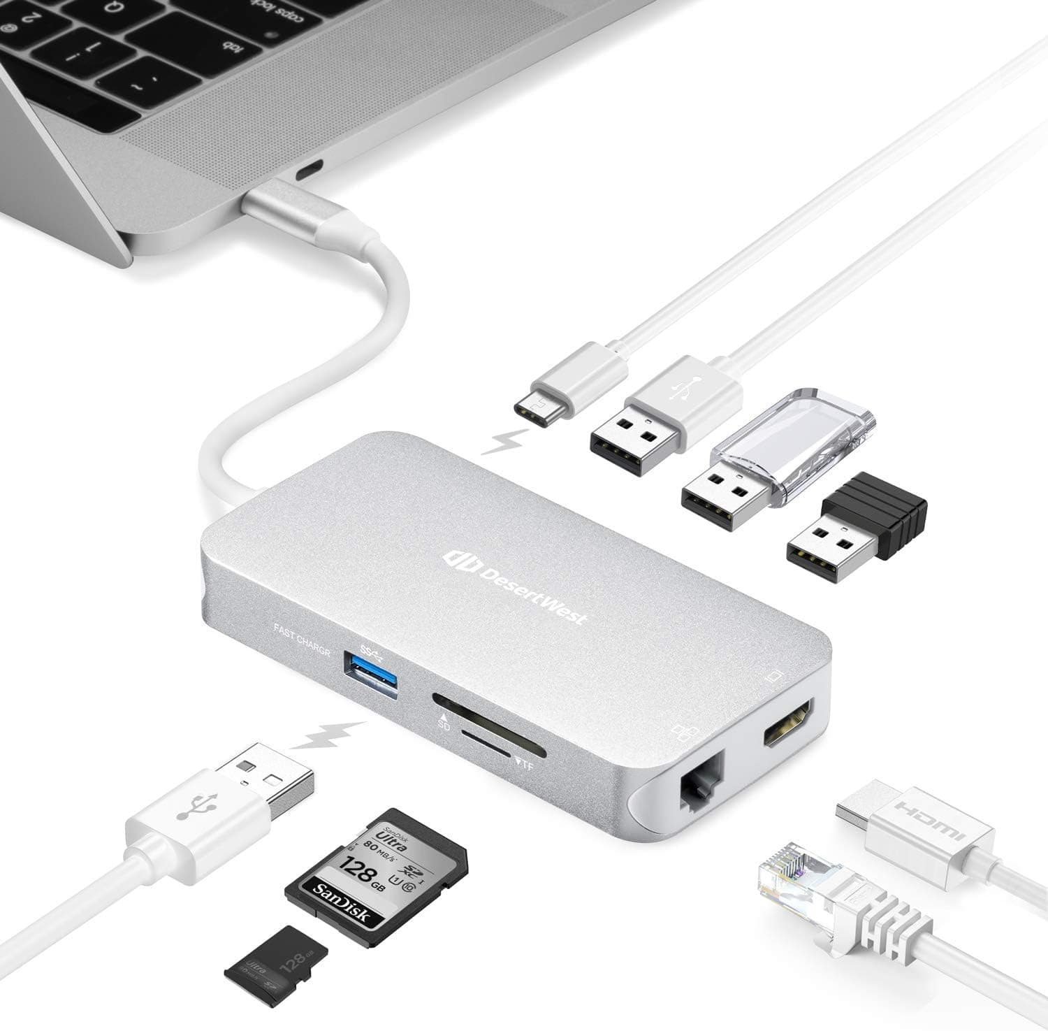 DesertWest Aluminum USB C Hub Adapter Dongle, Thouderbolt 3 to 4K HDMI, Ethernet Port, 4 USB 3.0, SD/TF Card Reader, USB-C PD Compatible with 2018 MacBook Air, 2019/2018 MacBook Pro