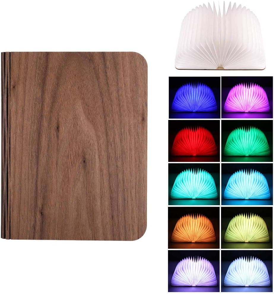 LED Folding Wooden Light, Houkiper Book Lamp (8.5 x 6.6 IN) Large Capacity Rechargeable USB Port 7 Colors Book for Decor, Magnetic Design- Creative Gift