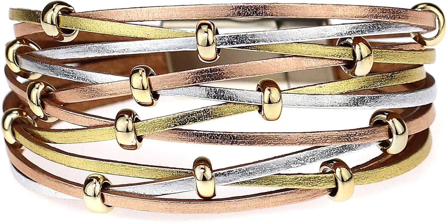Wovanoo Multilayer Leather Bracelet Handmade Wristband Braided Wrap Cuff Bangle with Magnetic Clasp Gift for Women