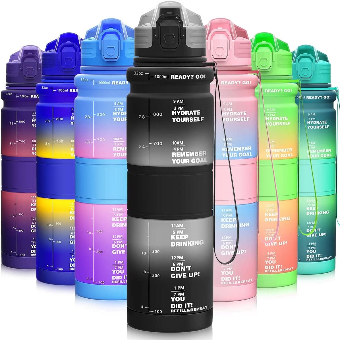 Plefoyu Motivational Water Bottles with Time Marker BPA Free Leak Proof,Measurements Marked & Lockable Flip Top Lid, for Kids School and Adults Workout Fitness Gym Sports