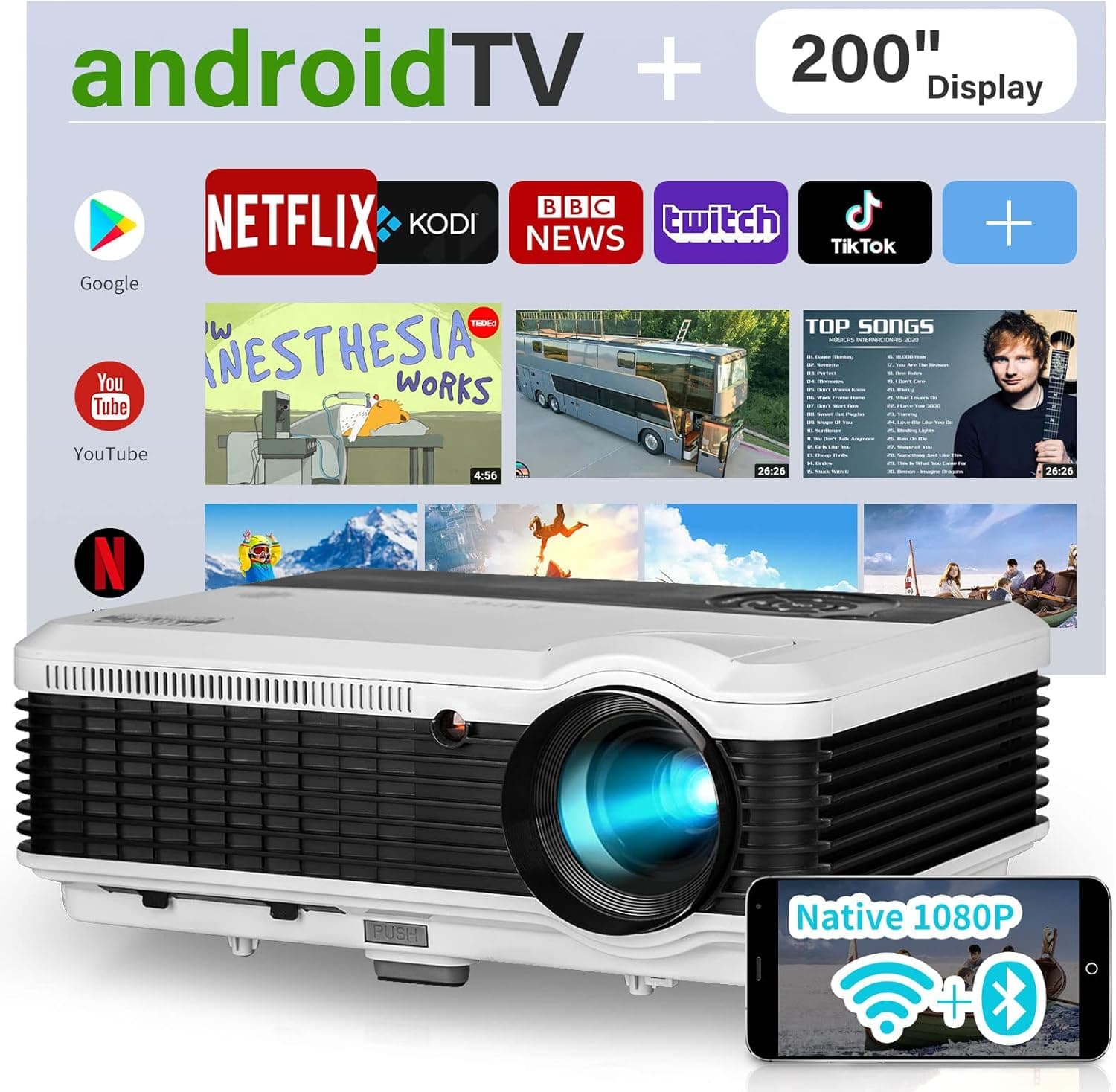 Smart Outdoor Projector Built in Apps & Speaker, 200" Movie Projector with WiFi and Bluetooth Full HD 1080P, Wireless Indoor Home Theater Projector with HDMI/USB/VGA for TV Stick,DVD,PS5,Laptop,Phone