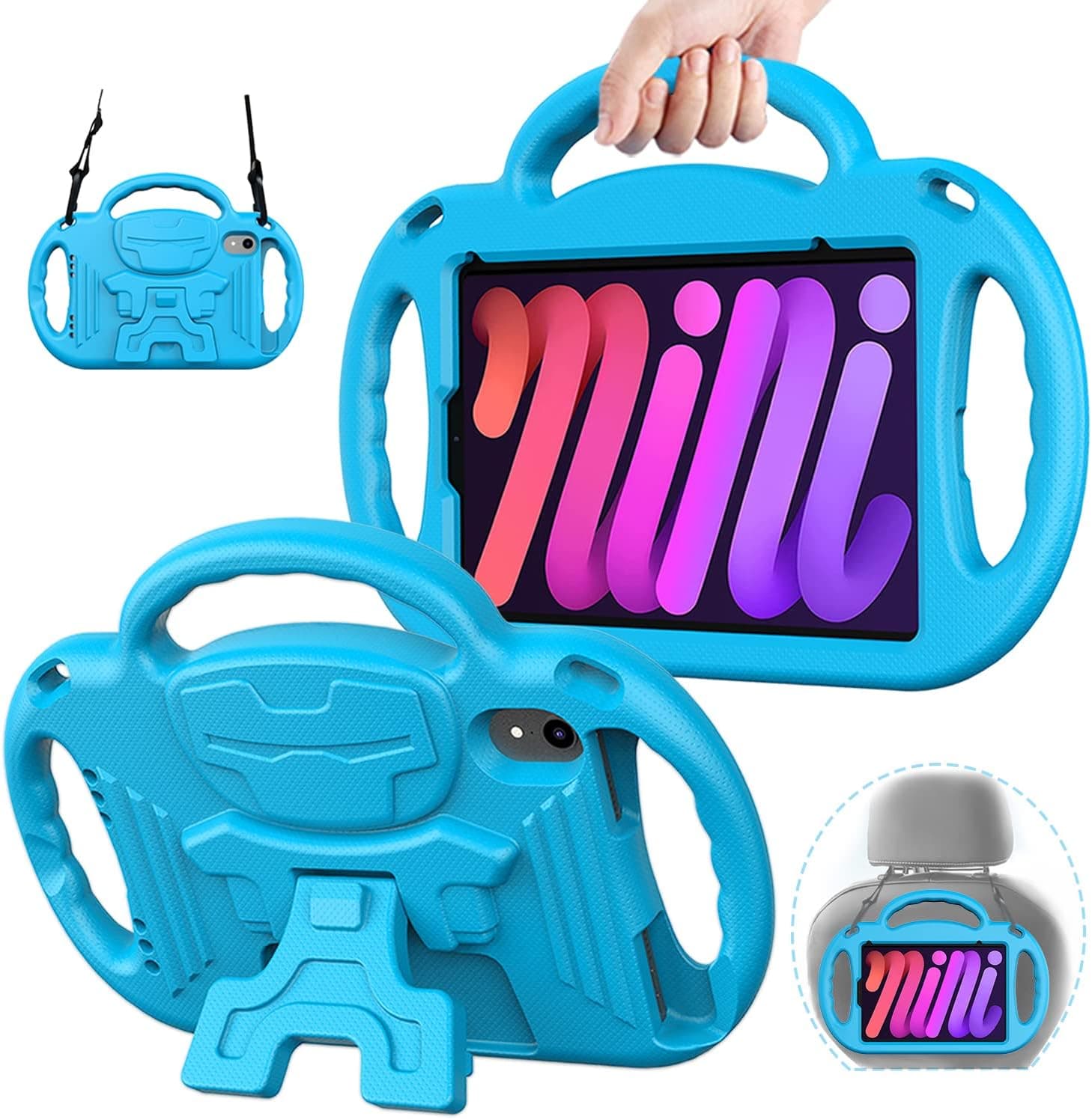 AVAWO Kids Case for iPad Mini 6 2021 8.3 Inch, iPad Mini 6th Generation Case - with Shoulder Strap, Shockproof Lightweight Handle Kickstand Kids Case for iPad Mini 6th Generation 8.3 Inch 2021, Blue