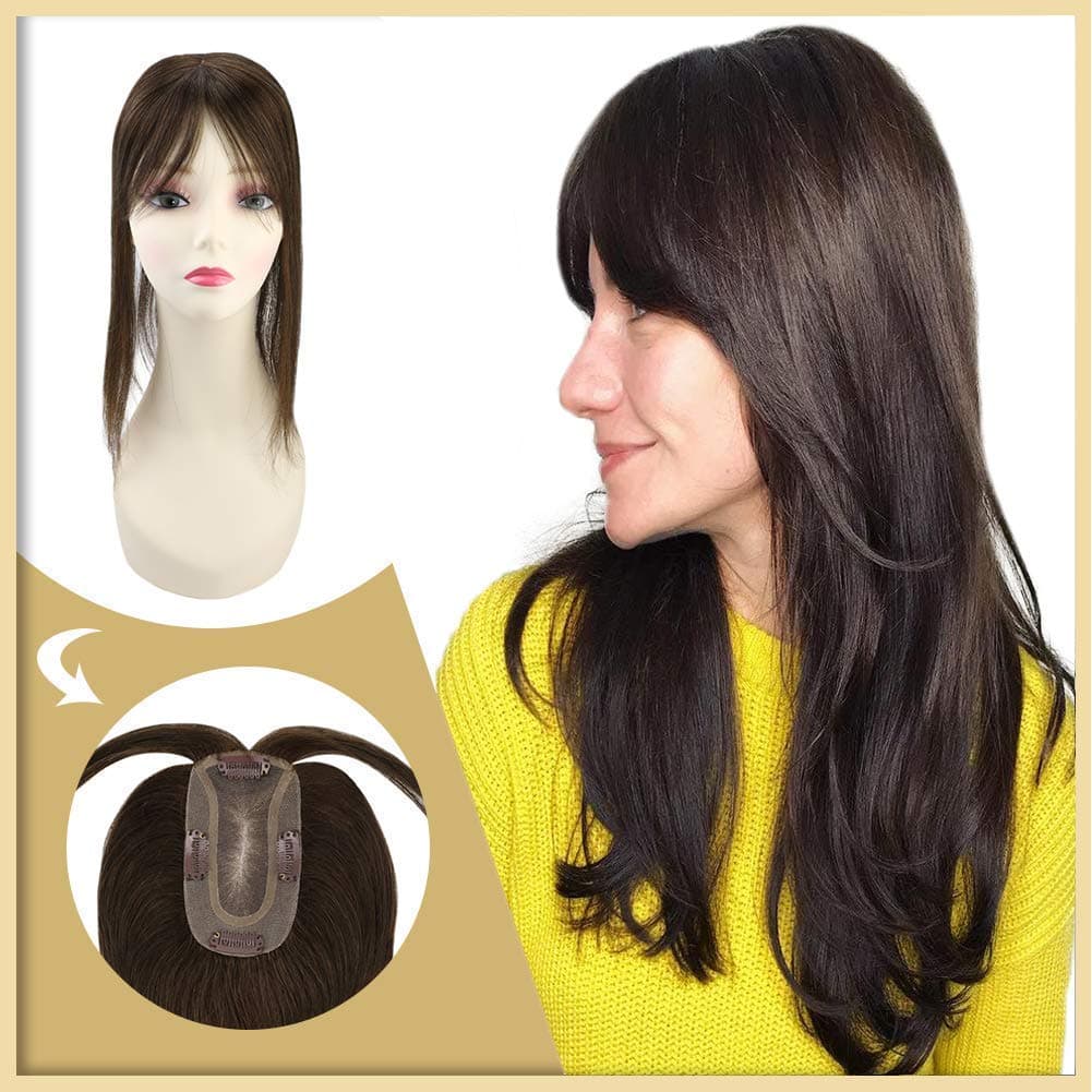 Ugeat Thick Hair Topper 12inch Medium Brown #4 Remy Human Hair Toppers for Women with Thinning Hair Natural Hair Piece Hand-tied Mono Base