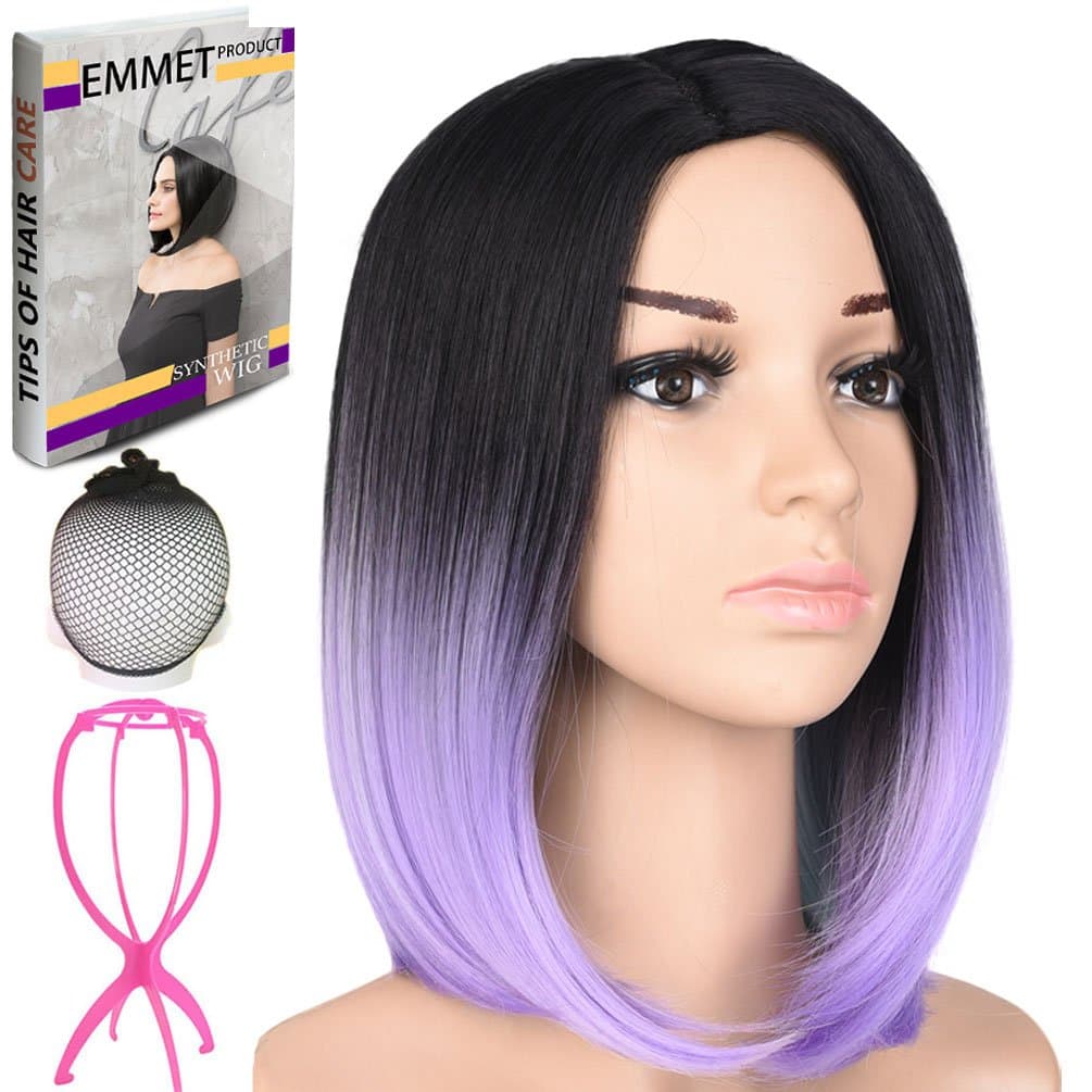 Emmet Short Bob Wig 12" Shoulder Length Soft Silk Synthetic Kanekalon Dark Roots Ombre Color Women’s Wigs with Free Wig Cap & Free Wig Stand Holder & Free Ebook (Black & Light Purple & Light Blue)