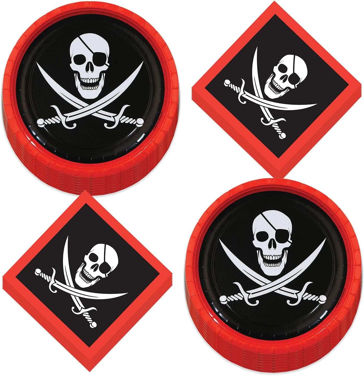Pirate Party Skull and Sword Paper Dinner Plates and Lunch Napkins (Serves 16)