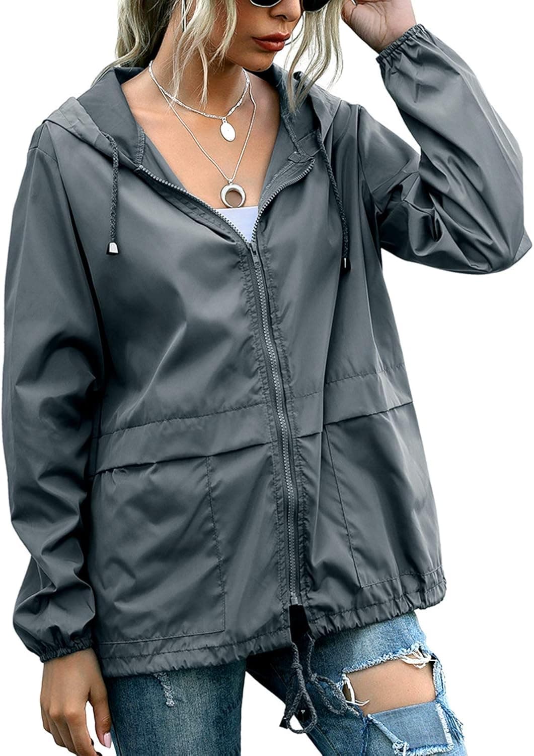 Women's Waterproof Raincoat Lightweight Rain Jacket Hooded Windbreaker With Pockets For Outdoor