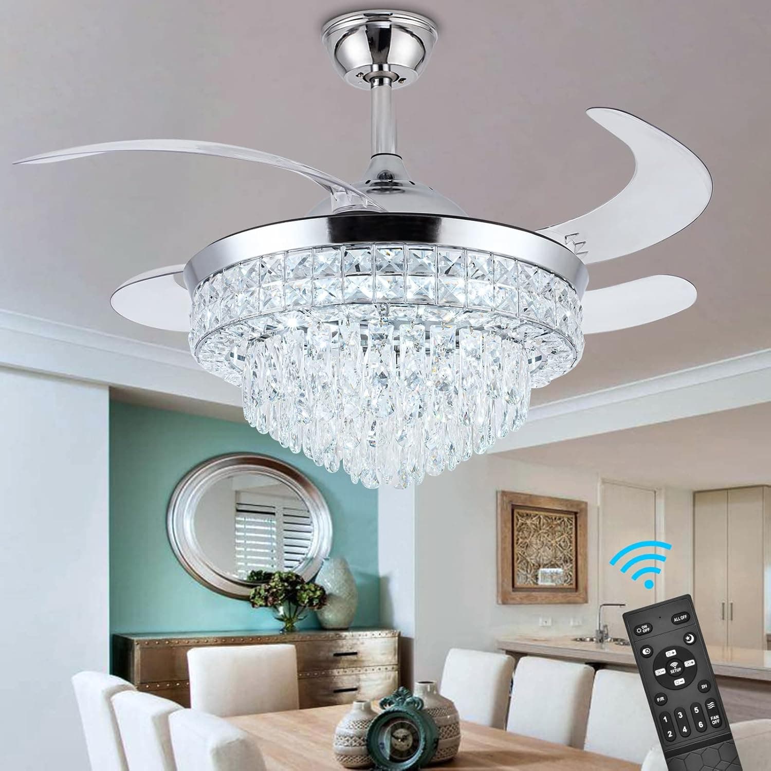 SHINLEYPACK Crystal Ceiling Fan with Light,42Inch Crystal Fandelier, Modern 3 Color Chandelier Fan with Remote Control 6 Speeds Retractable Ceiling Fan Indoor for Bedroom Living Room Dining Room