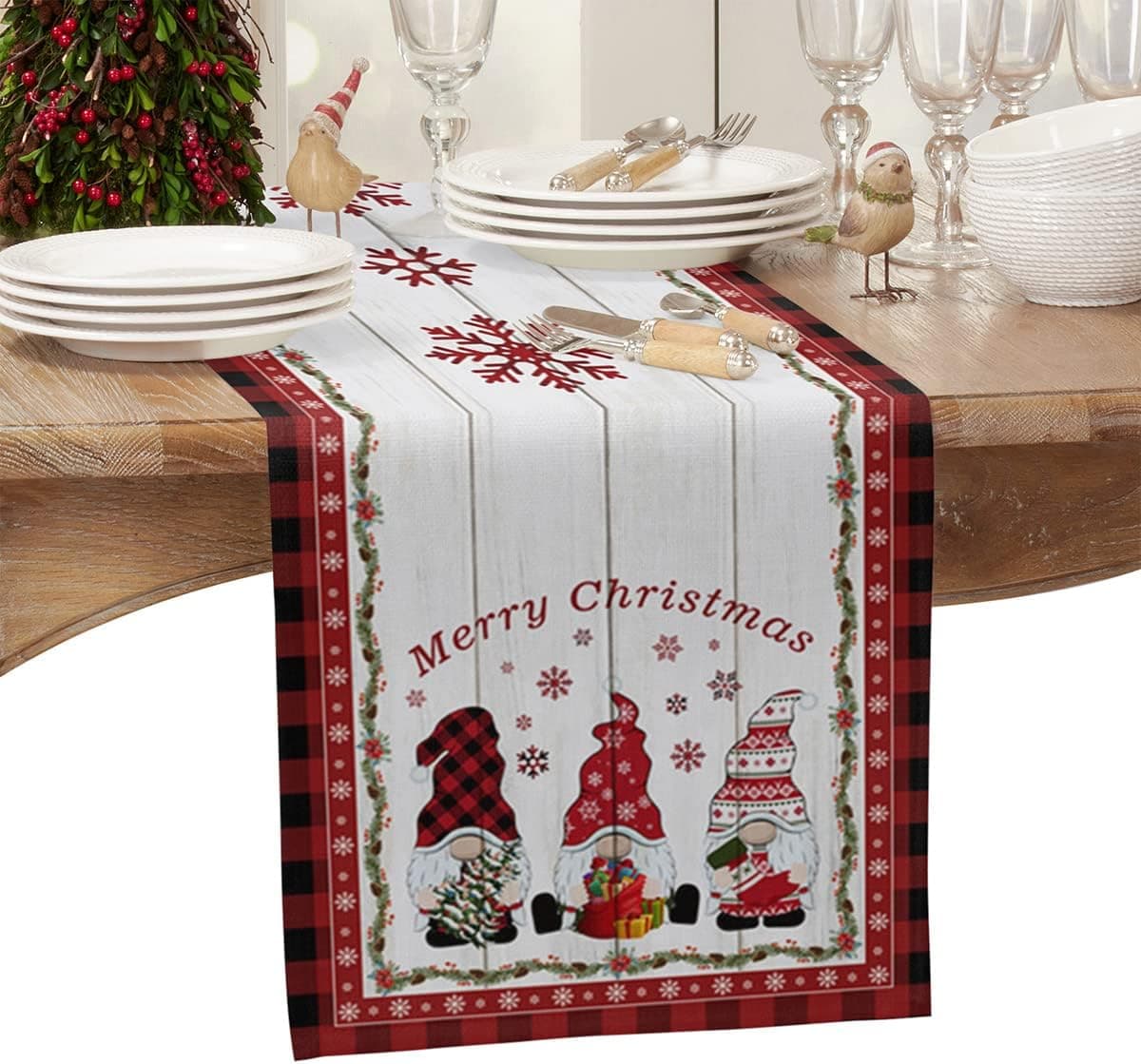 Christmas Table Runner, Merry Christmas Gnome Table Runners Snowflake Buffalo Plaid Santa Claus Tablecloth for Christmas Decorations Xmas Holiday Home Dining Room Party Decor Supplies 14 x 72 Inch