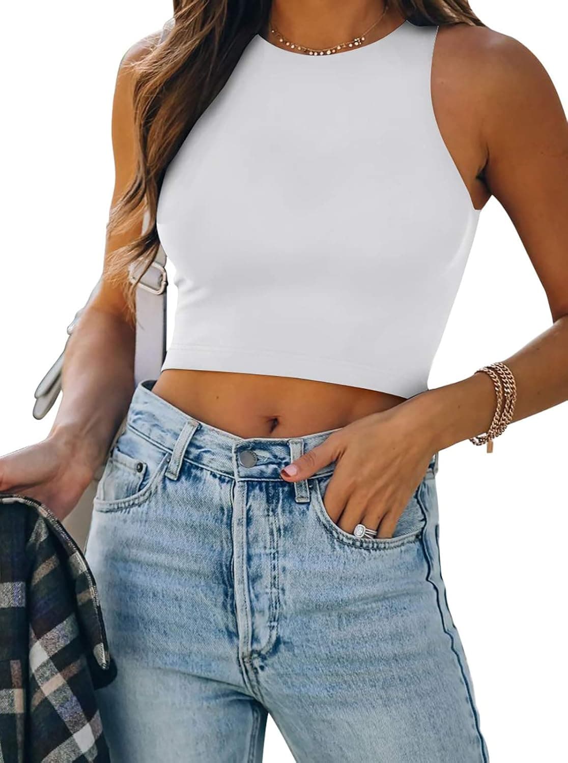 Women’s Basic Sleeveless Racerback Tank Tops Cute Halter Neck Crop Tops