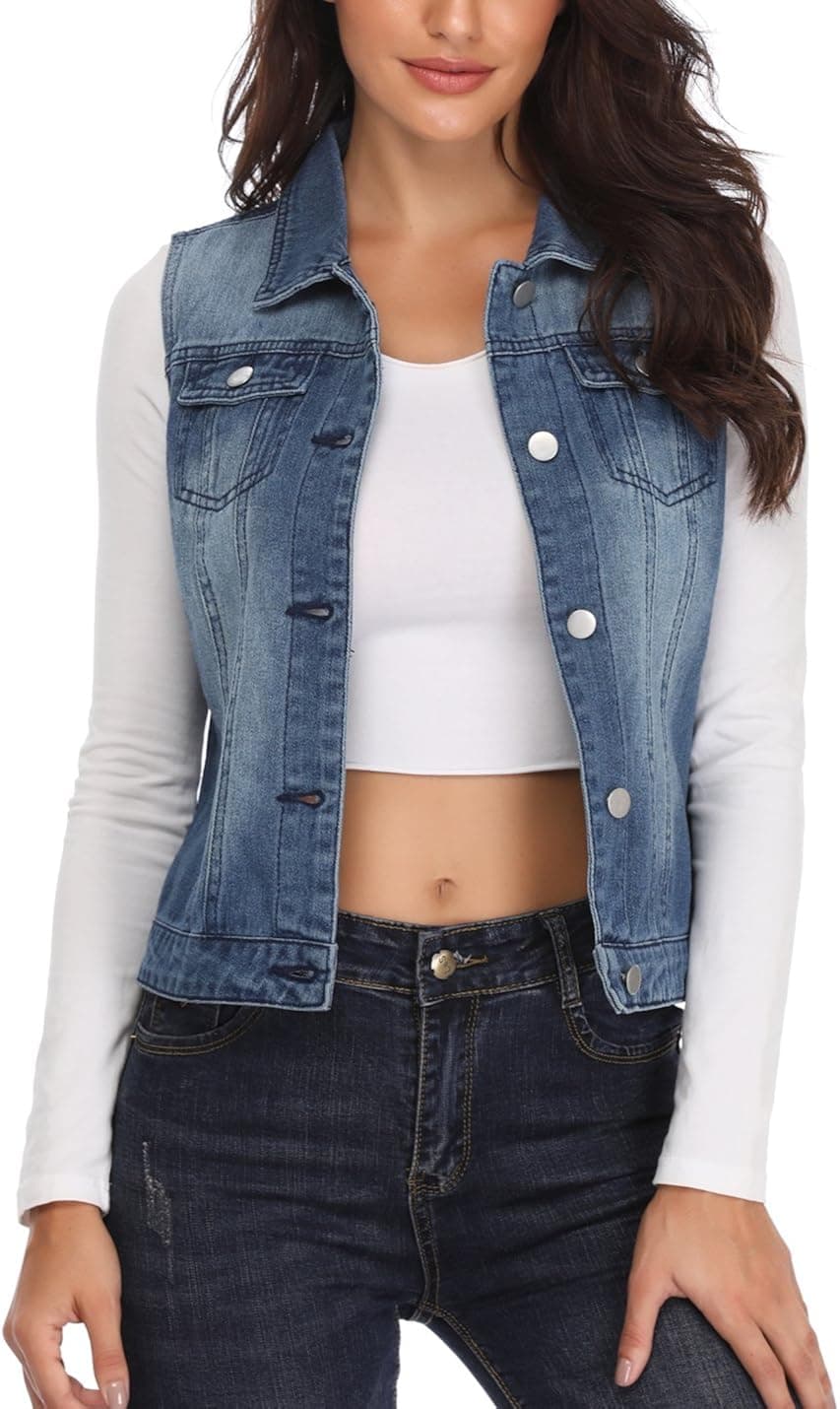 MISS MOLY Denim Vest for Women Sleeveless Button up Washed Cropped Jean Jacket