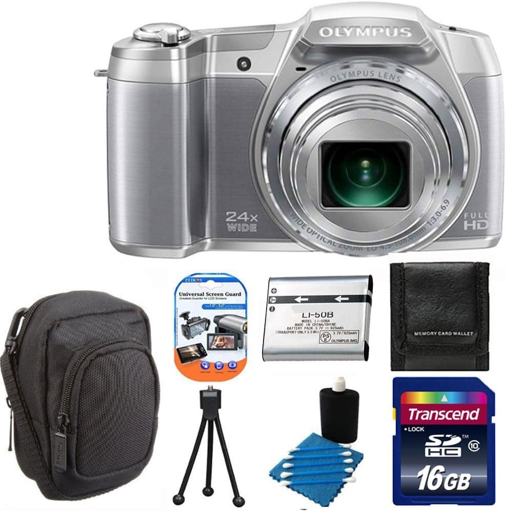 Olympus Stylus SZ-16 iHS Digital Camera with 24x Optical Zoom and 3-Inch LCD (Silver) + Compact Case + Extra Battery + Camera & Lens 3 Piece Cleaning Kit with 16GB Card Top Deluxe Accessory Kit