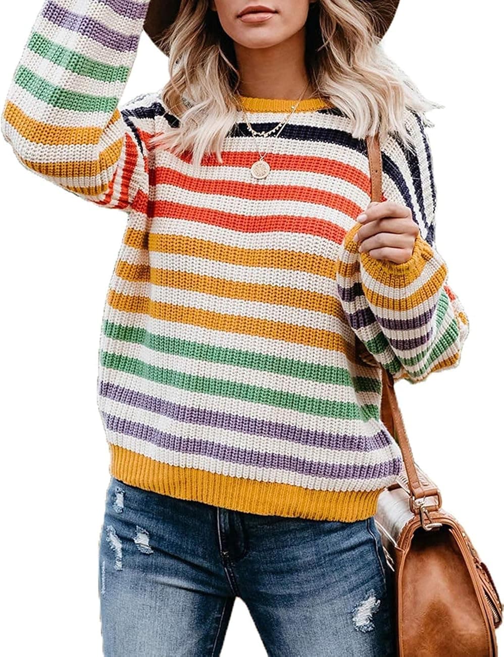 Womens Striped Oversized Sweaters Long Sleeve Color Block Round Neck Pullover Casual Loose Tops Orange