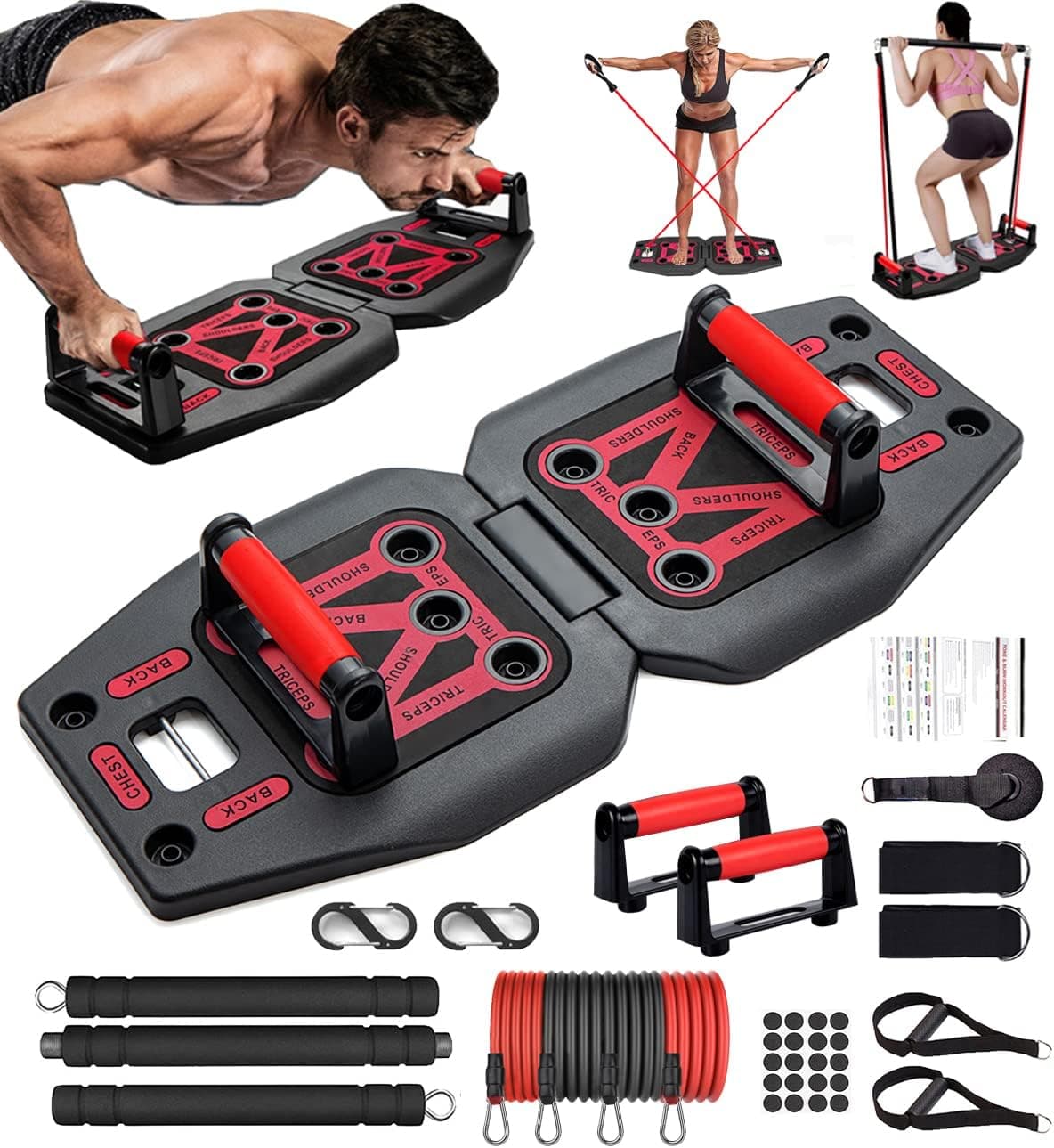 LAKXSF Home Gym Exercise Equipment - Portable Workout System 17 Fitness Accessories 9 in1 Push Up Board Set, Resistance Bands with Pilates Bar Strength Training Abs Shoulders Back Butt